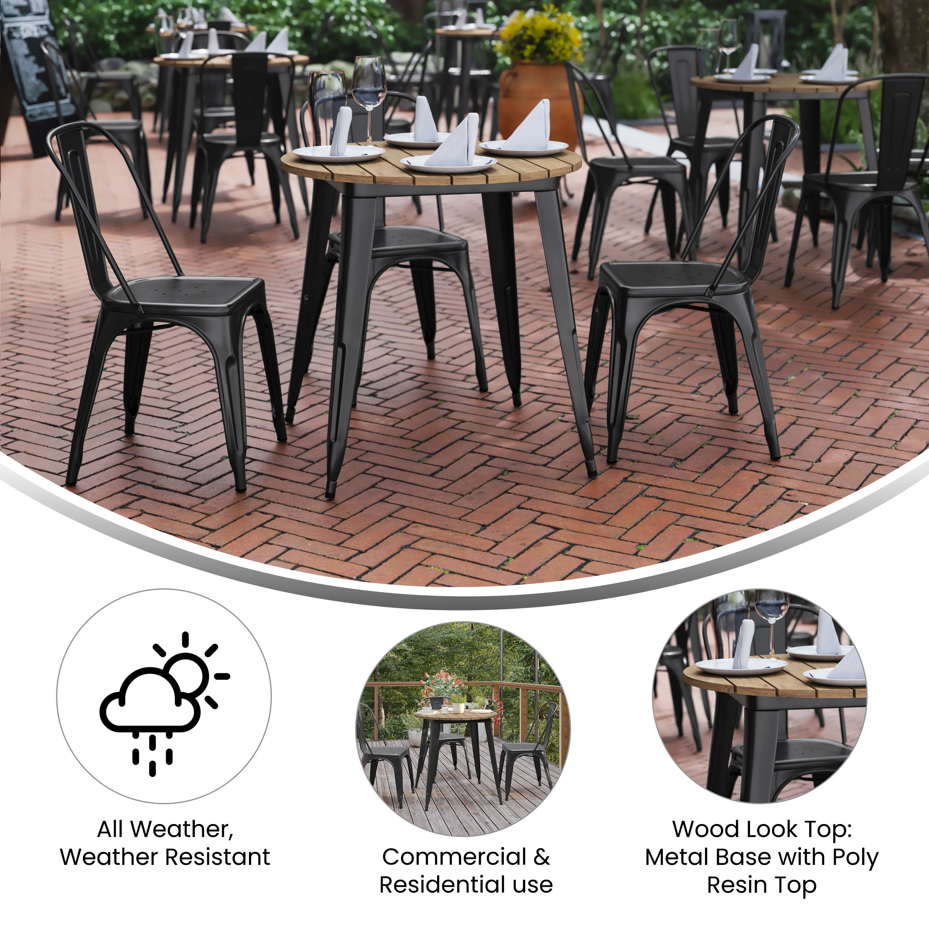 Declan Commercial Grade Indoor/Outdoor Dining Table, 30" Round All Weather Brown Poly Resin Top with Black Steel Base
