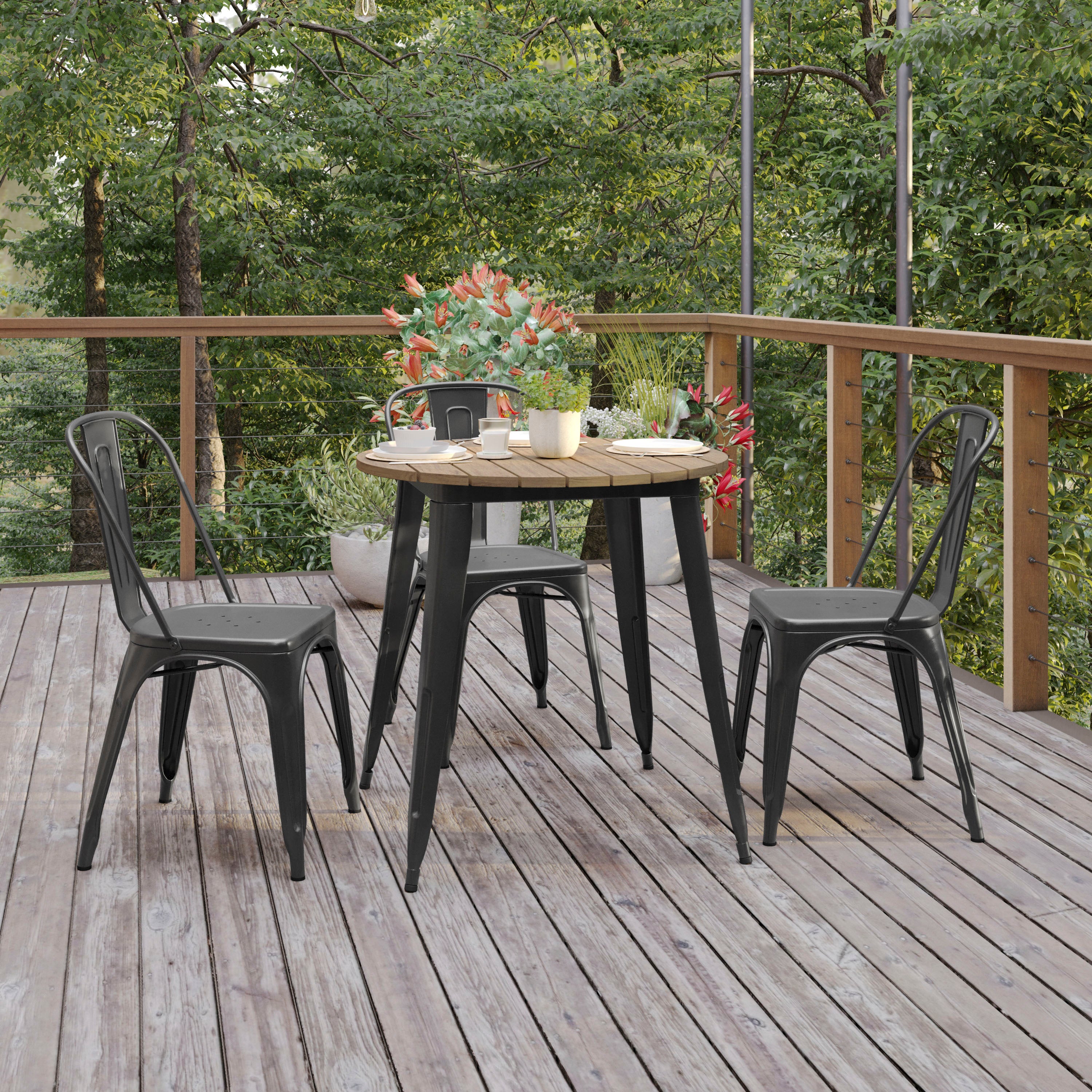 Declan Commercial Grade Indoor/Outdoor Dining Table, 30" Round All Weather Brown Poly Resin Top with Black Steel Base
