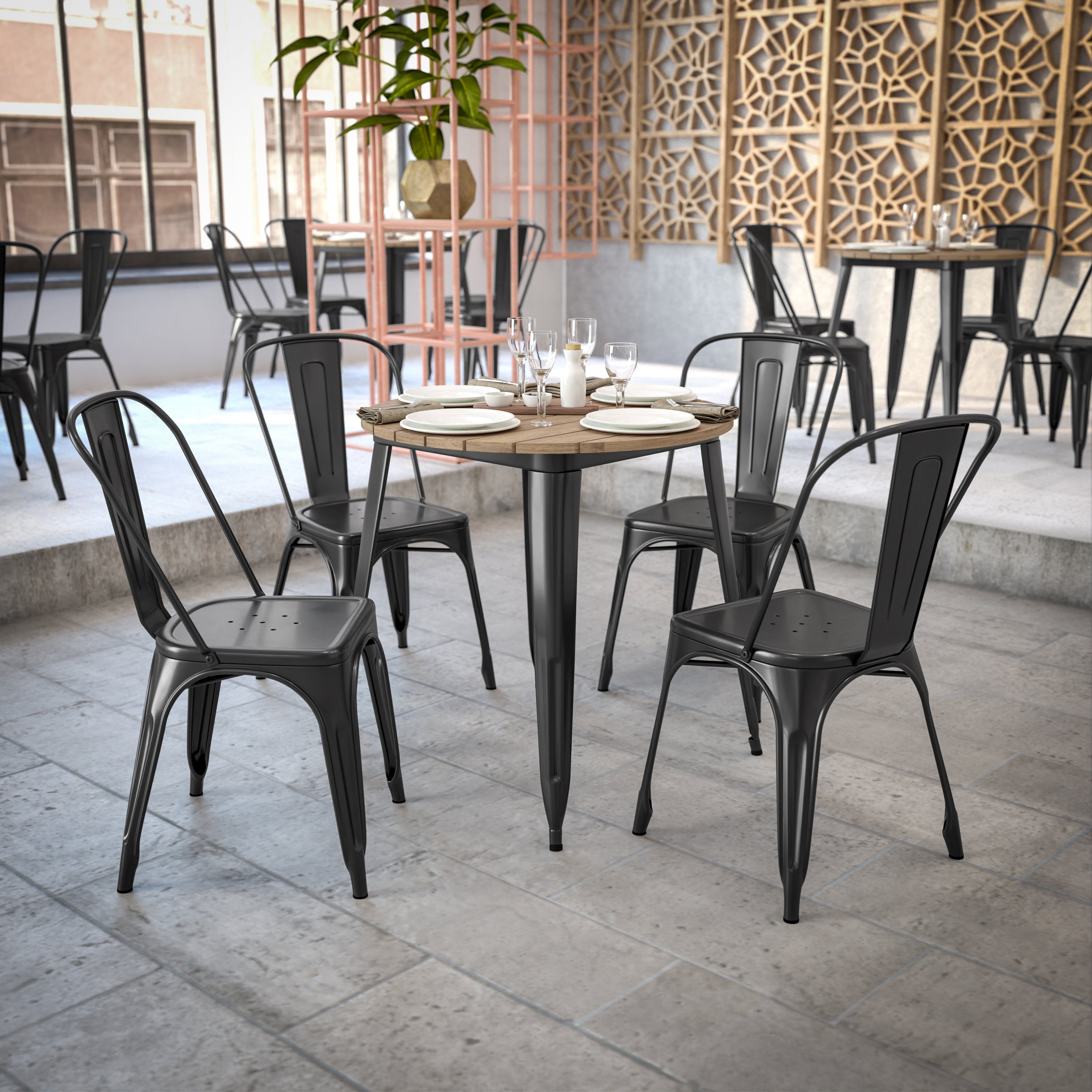 Declan Commercial Grade Indoor/Outdoor Dining Table, 30" Round All Weather Brown Poly Resin Top with Black Steel Base