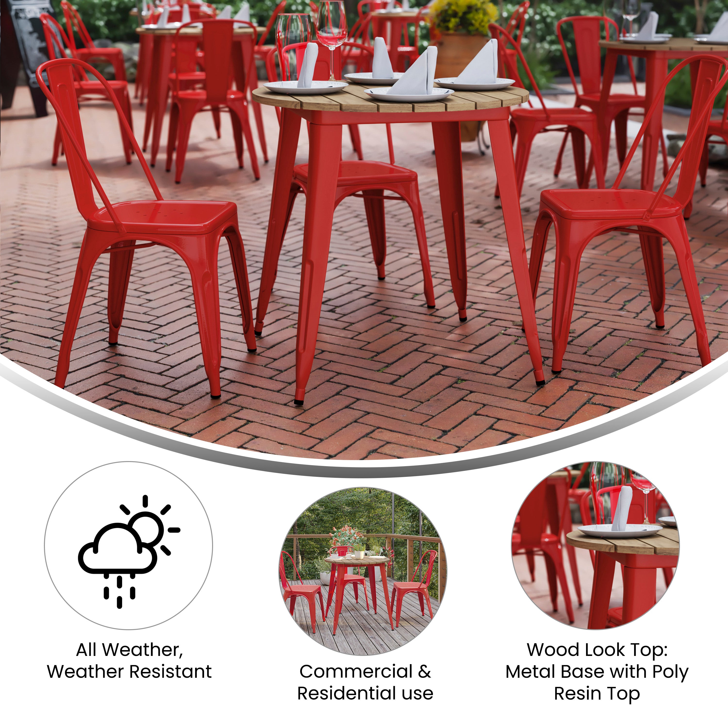 Declan Commercial Grade Indoor/Outdoor Dining Table, 30" Round All Weather Brown Poly Resin Top with Red Steel Base