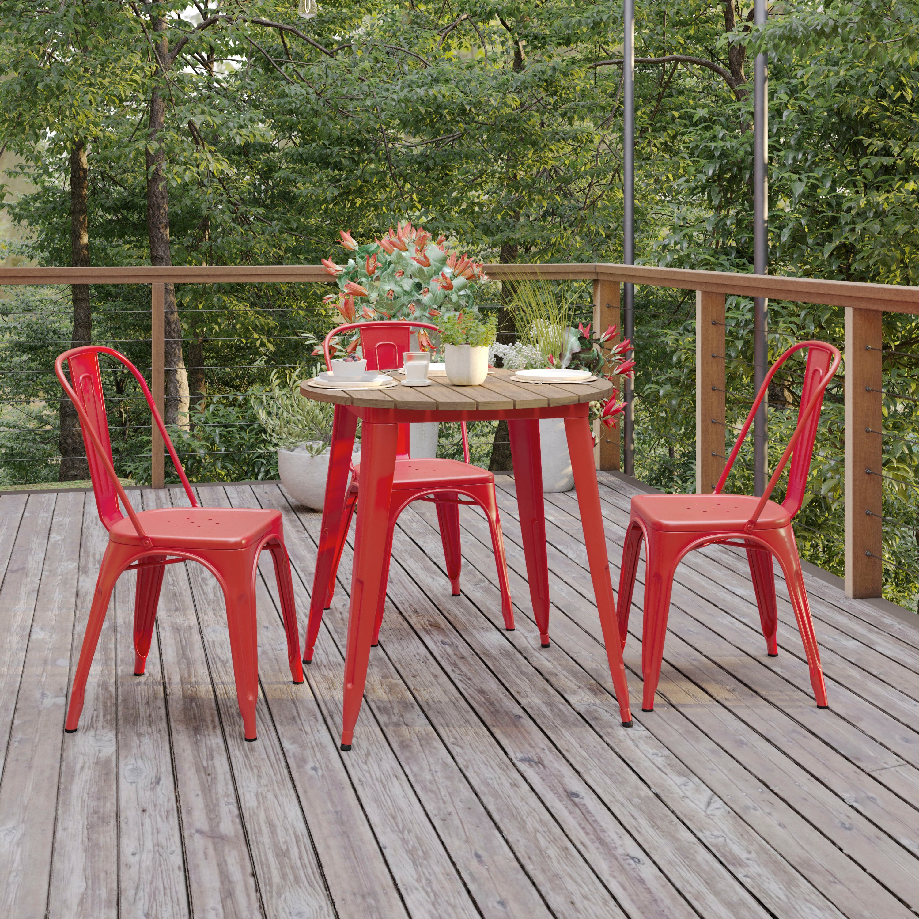 Declan Commercial Grade Indoor/Outdoor Dining Table, 30" Round All Weather Brown Poly Resin Top with Red Steel Base