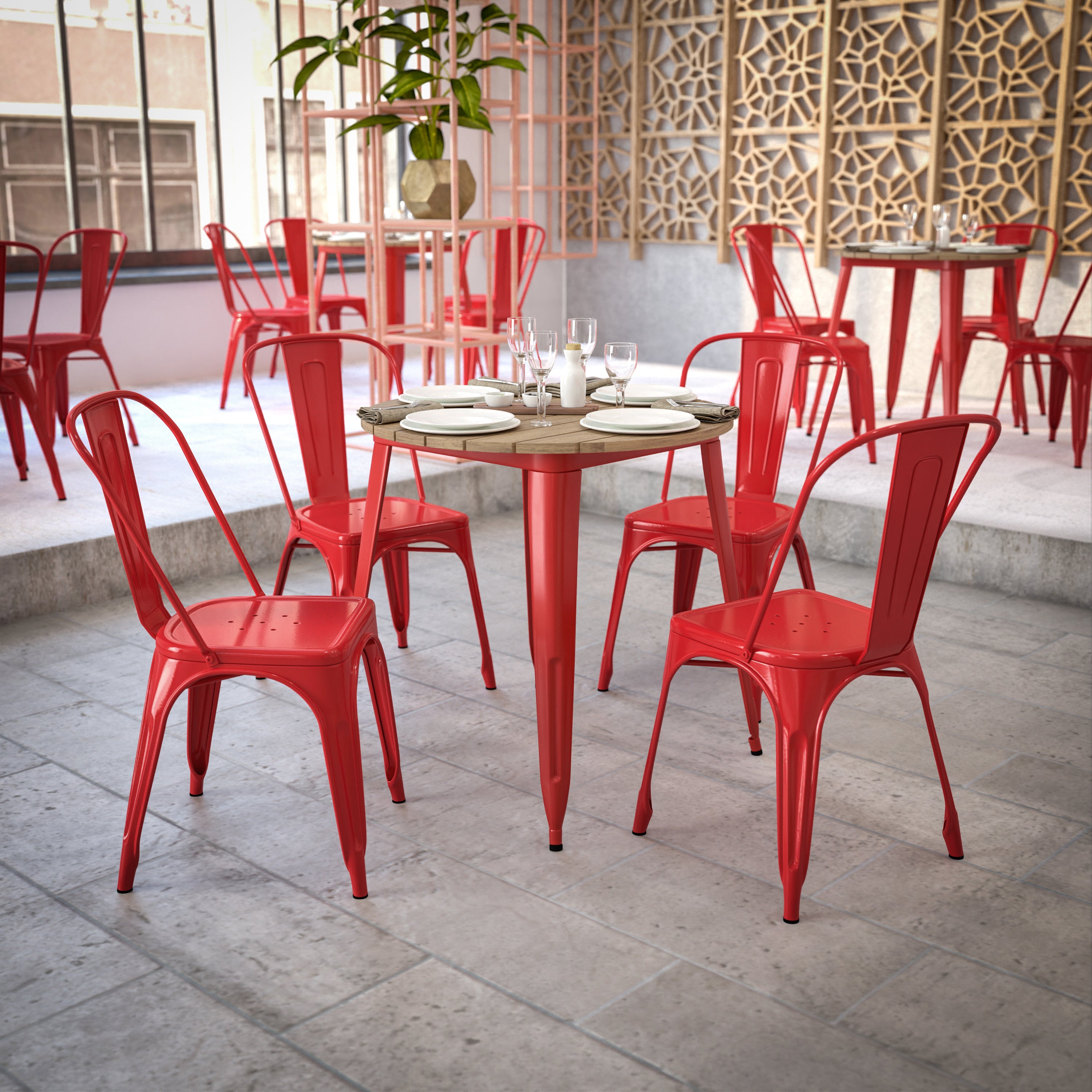 Declan Commercial Grade Indoor/Outdoor Dining Table, 30" Round All Weather Brown Poly Resin Top with Red Steel Base