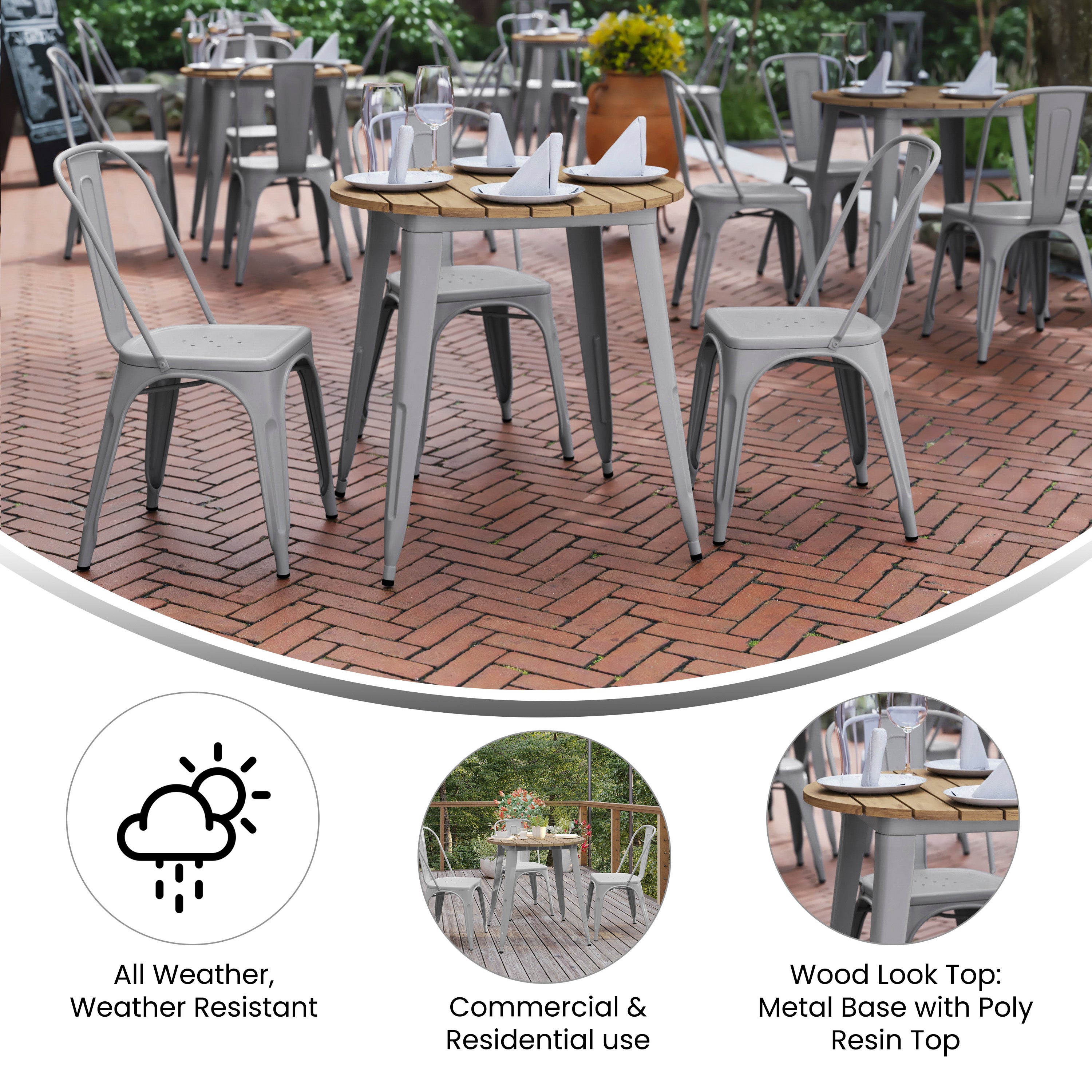 Declan Commercial Grade Indoor/Outdoor Dining Table, 30" Round All Weather Brown Poly Resin Top with Silver Steel Base