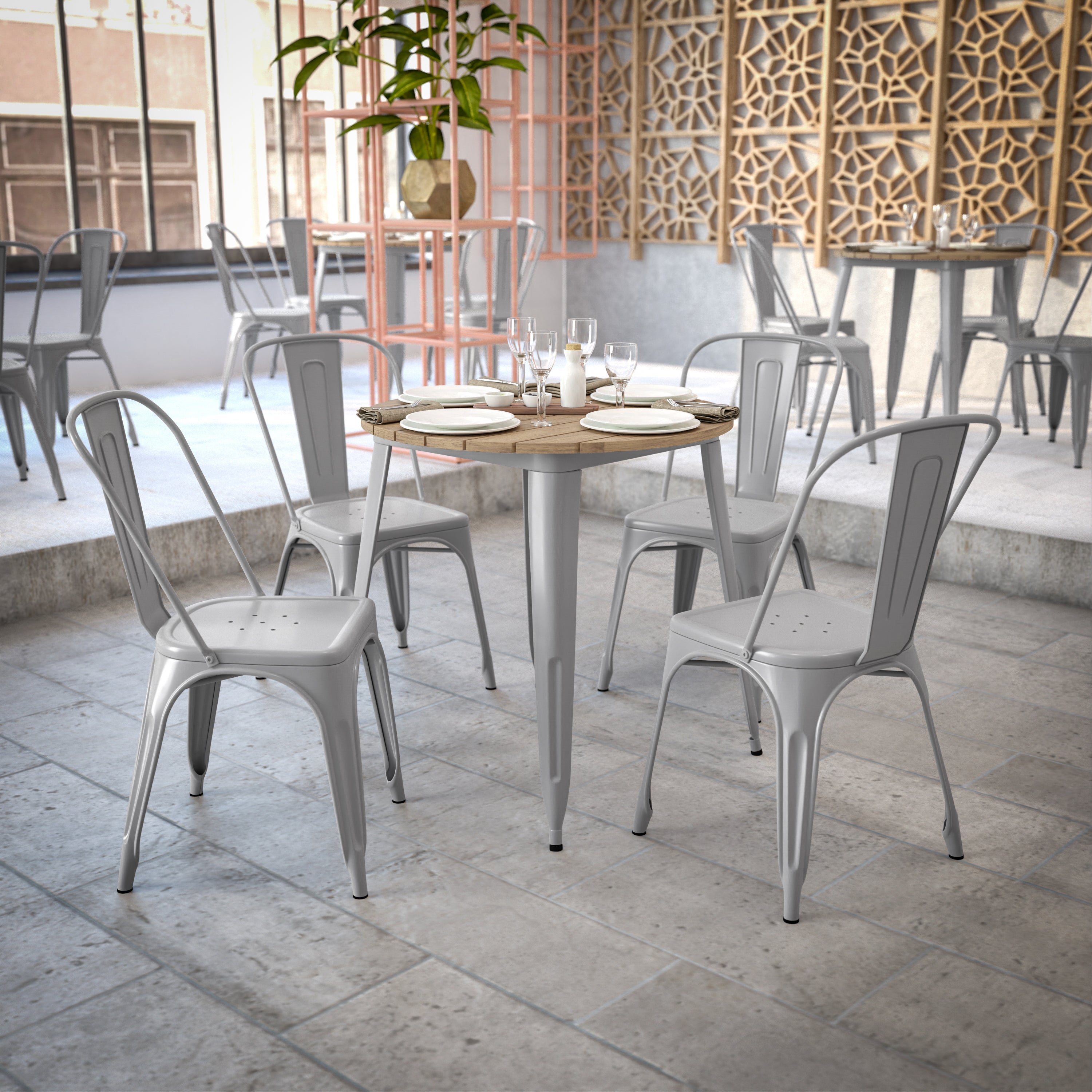 Declan Commercial Grade Indoor/Outdoor Dining Table, 30" Round All Weather Brown Poly Resin Top with Silver Steel Base