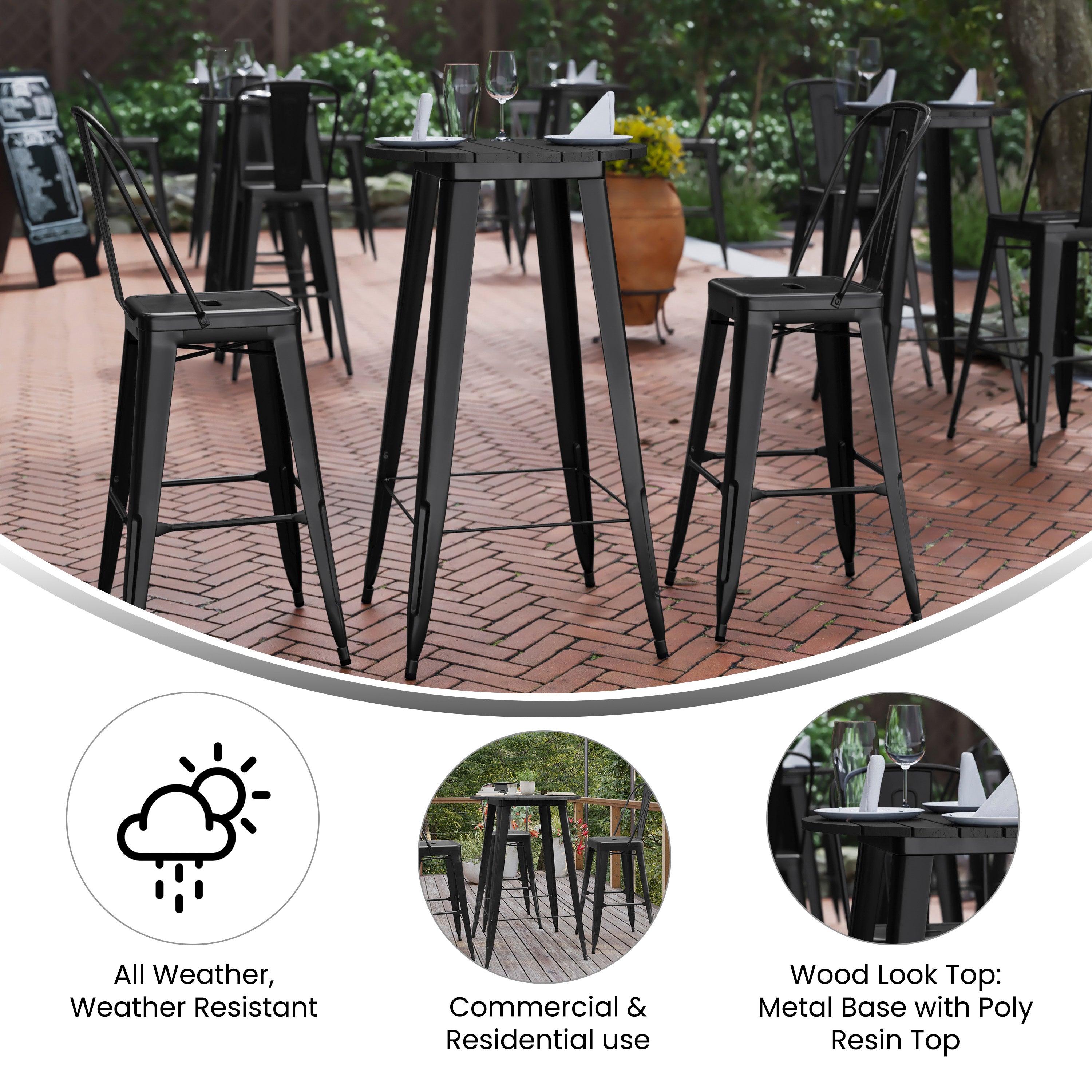Declan Commercial Indoor/Outdoor Bar Top Table, 23.75" Round All Weather Black Poly Resin Top with Black Steel base