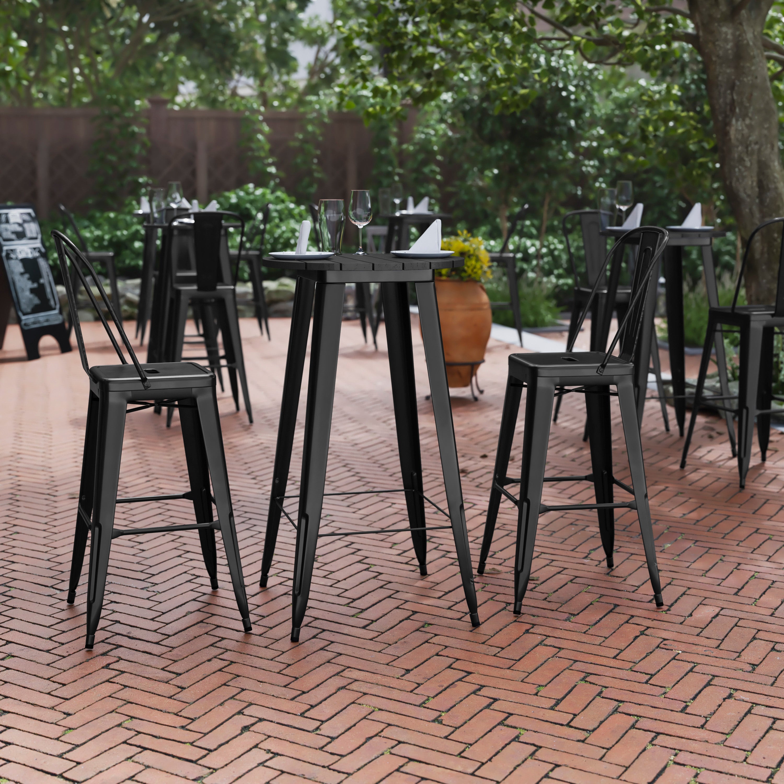 Declan Commercial Indoor/Outdoor Bar Top Table, 23.75" Round All Weather Black Poly Resin Top with Black Steel base