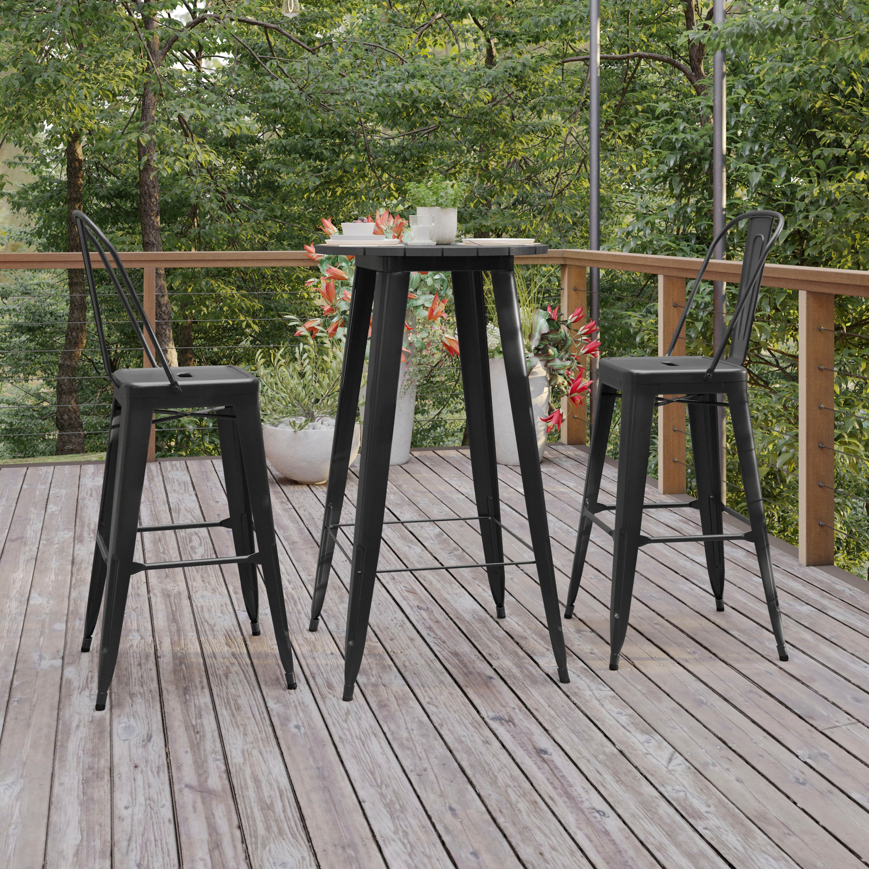 Declan Commercial Indoor/Outdoor Bar Top Table, 23.75" Round All Weather Black Poly Resin Top with Black Steel base