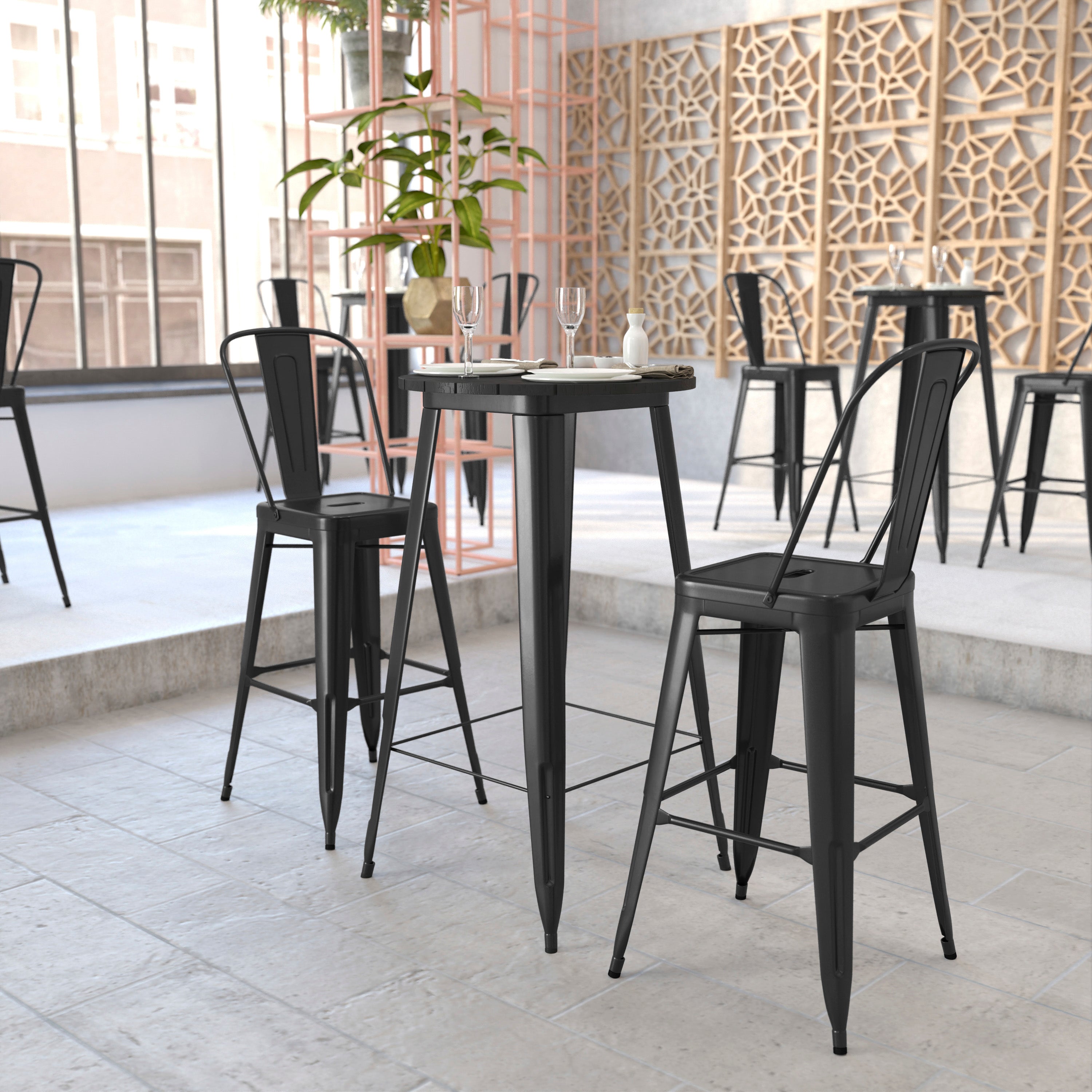 Declan Commercial Indoor/Outdoor Bar Top Table, 23.75" Round All Weather Black Poly Resin Top with Black Steel base