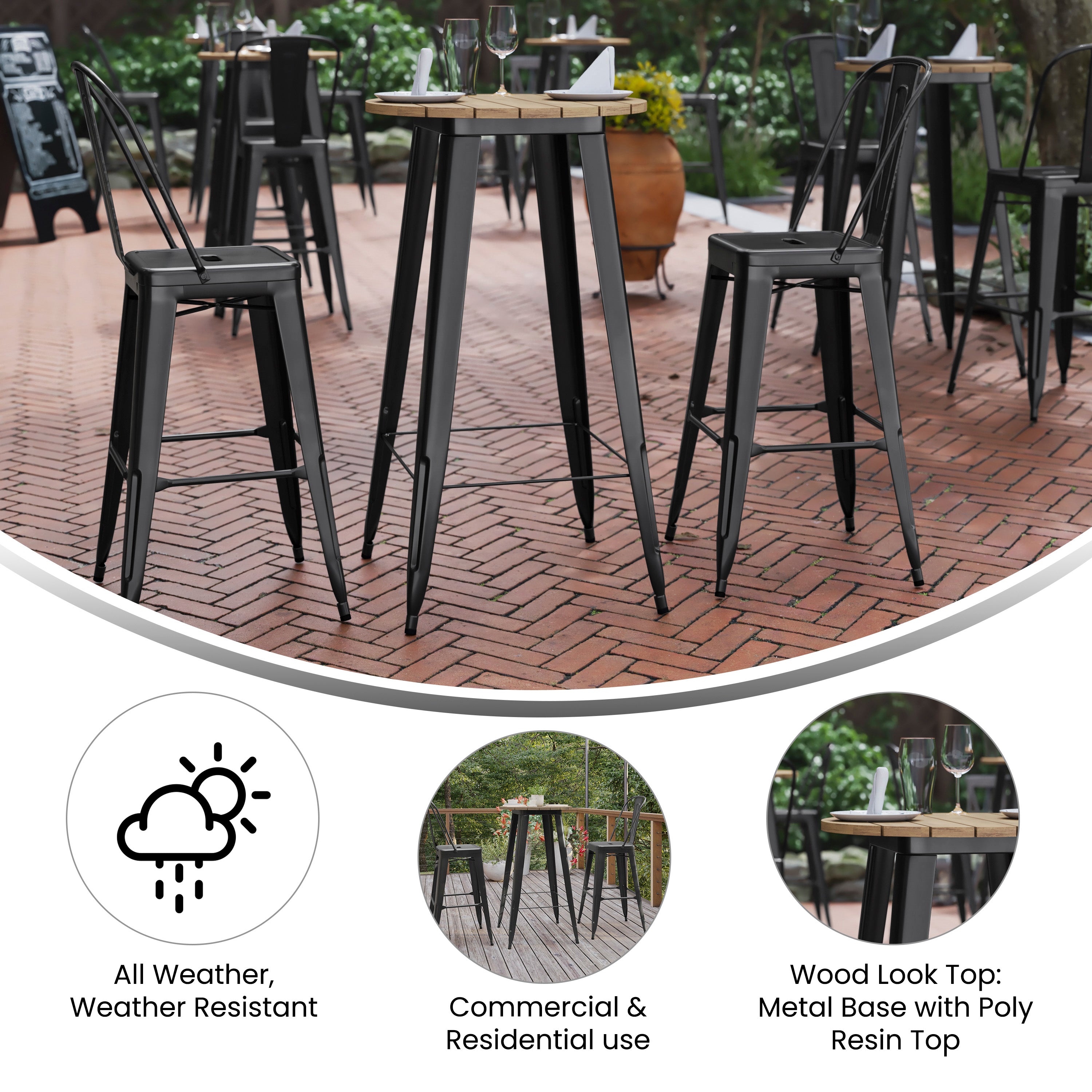 Declan Commercial Indoor/Outdoor Bar Top Table, 23.75" Round All Weather Brown Poly Resin Top with Black Steel base