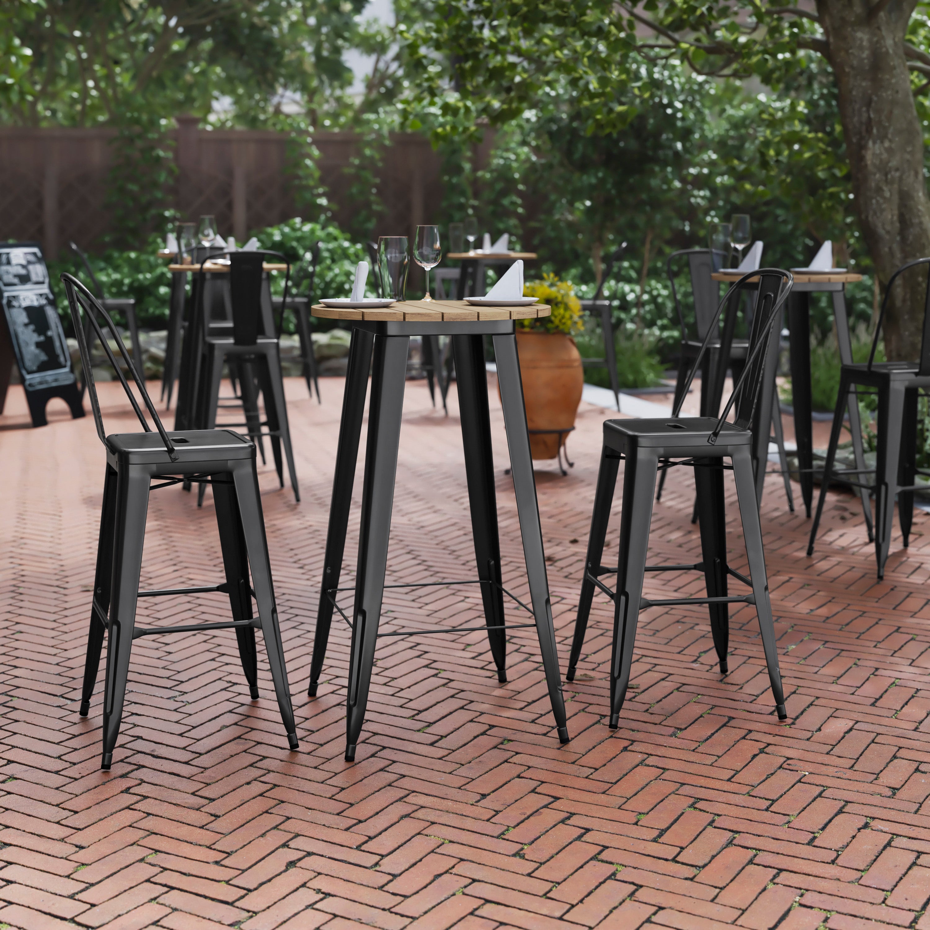 Declan Commercial Indoor/Outdoor Bar Top Table, 23.75" Round All Weather Brown Poly Resin Top with Black Steel base
