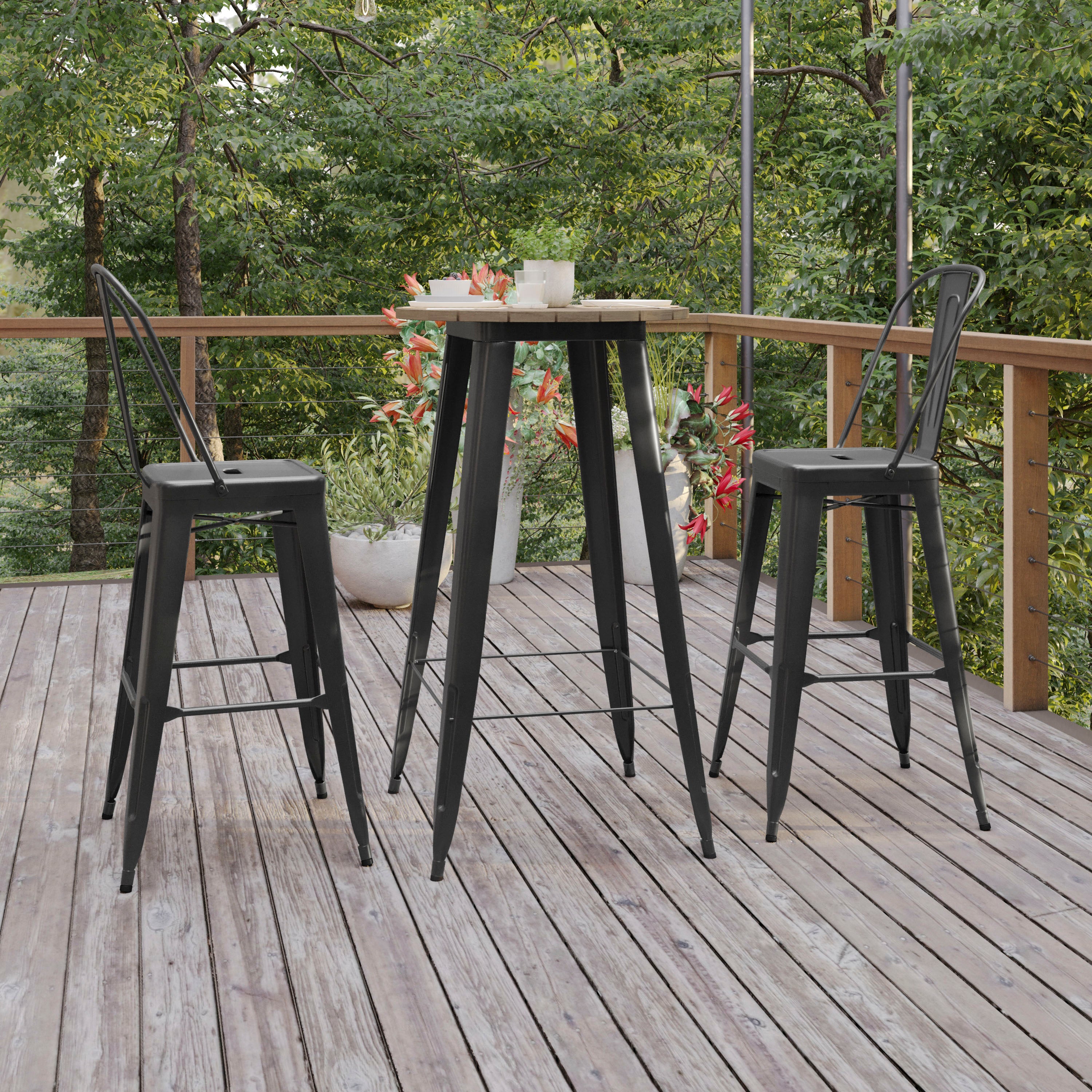 Declan Commercial Indoor/Outdoor Bar Top Table, 23.75" Round All Weather Brown Poly Resin Top with Black Steel base