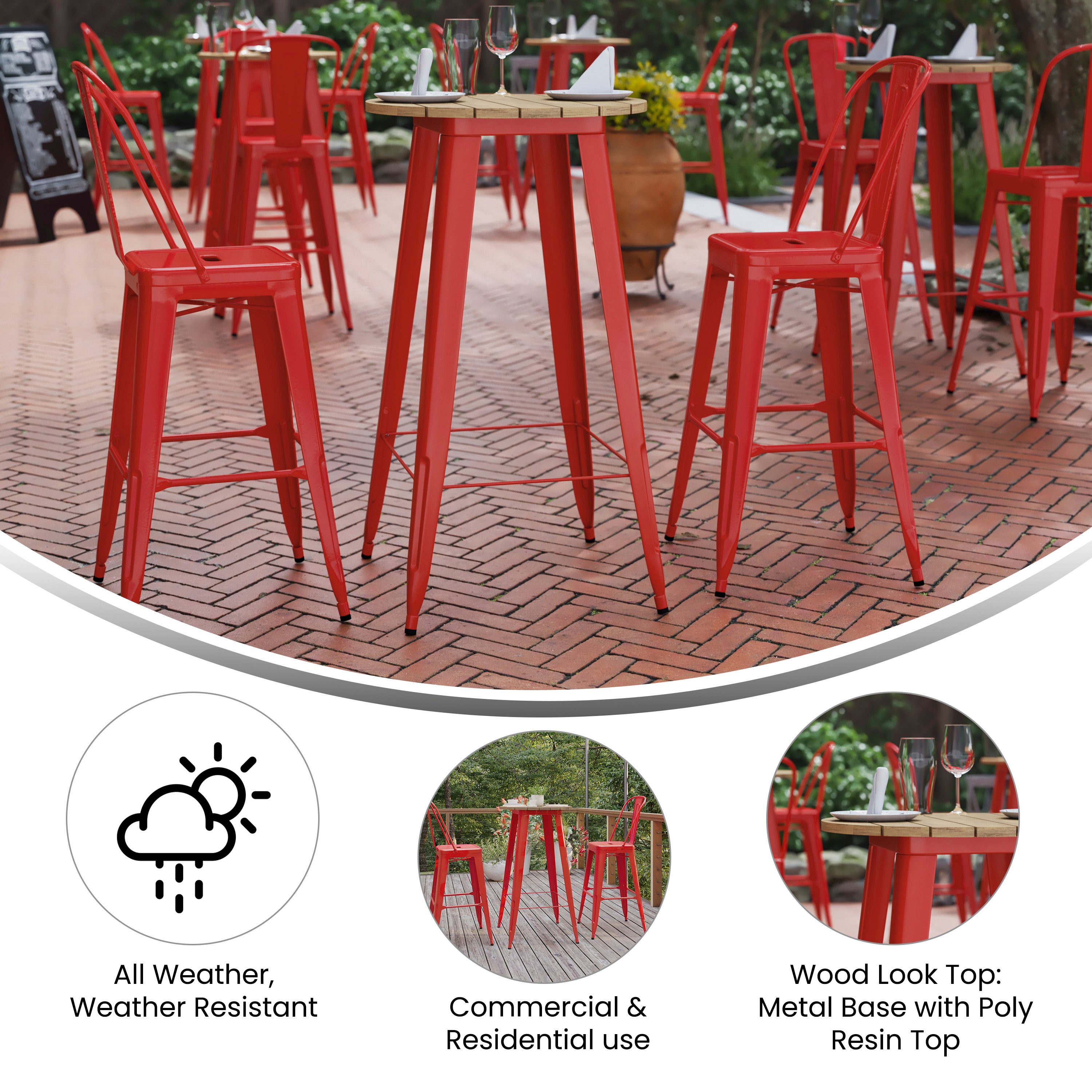 Declan Commercial Indoor/Outdoor Bar Top Table, 23.75" Round All Weather Brown Poly Resin Top with Red Steel base