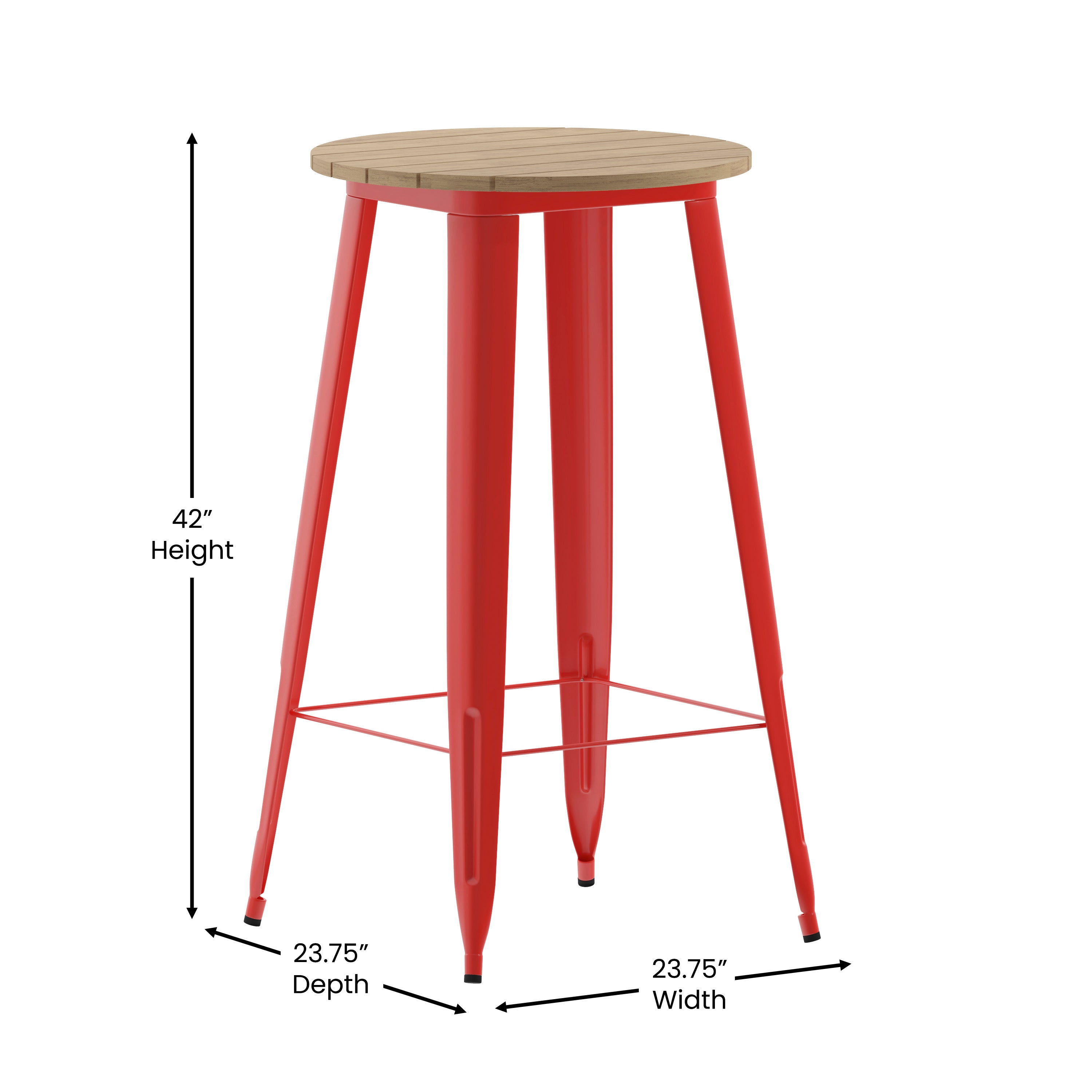 Declan Commercial Indoor/Outdoor Bar Top Table, 23.75" Round All Weather Brown Poly Resin Top with Red Steel base