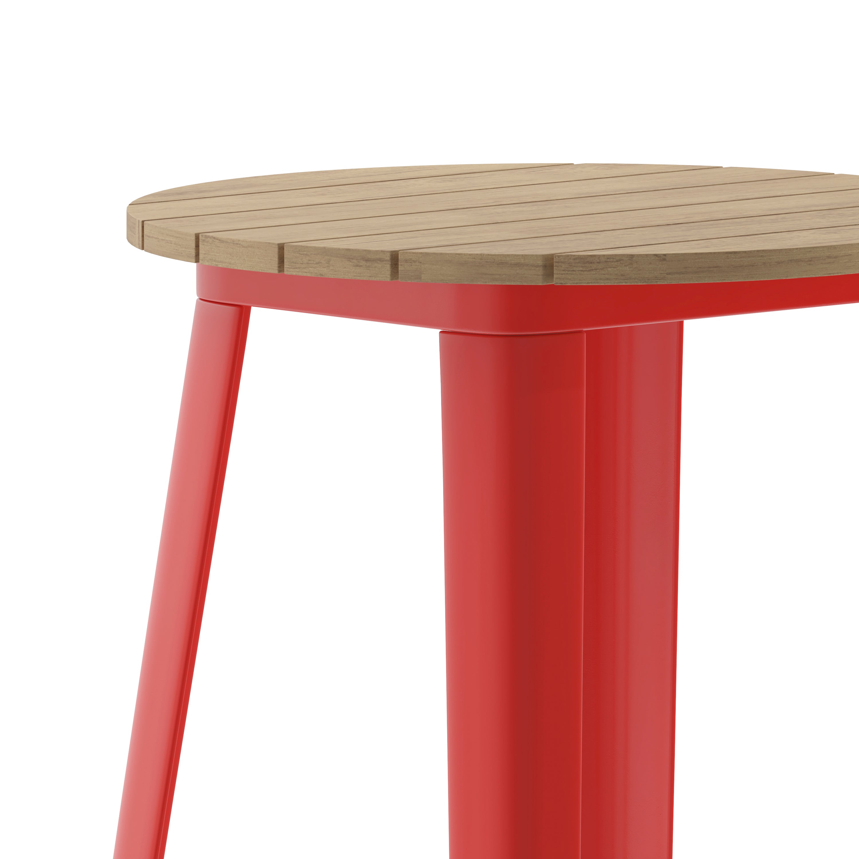 Declan Commercial Indoor/Outdoor Bar Top Table, 23.75" Round All Weather Brown Poly Resin Top with Red Steel base