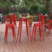 Declan Commercial Indoor/Outdoor Bar Top Table, 23.75" Round All Weather Brown Poly Resin Top with Red Steel base