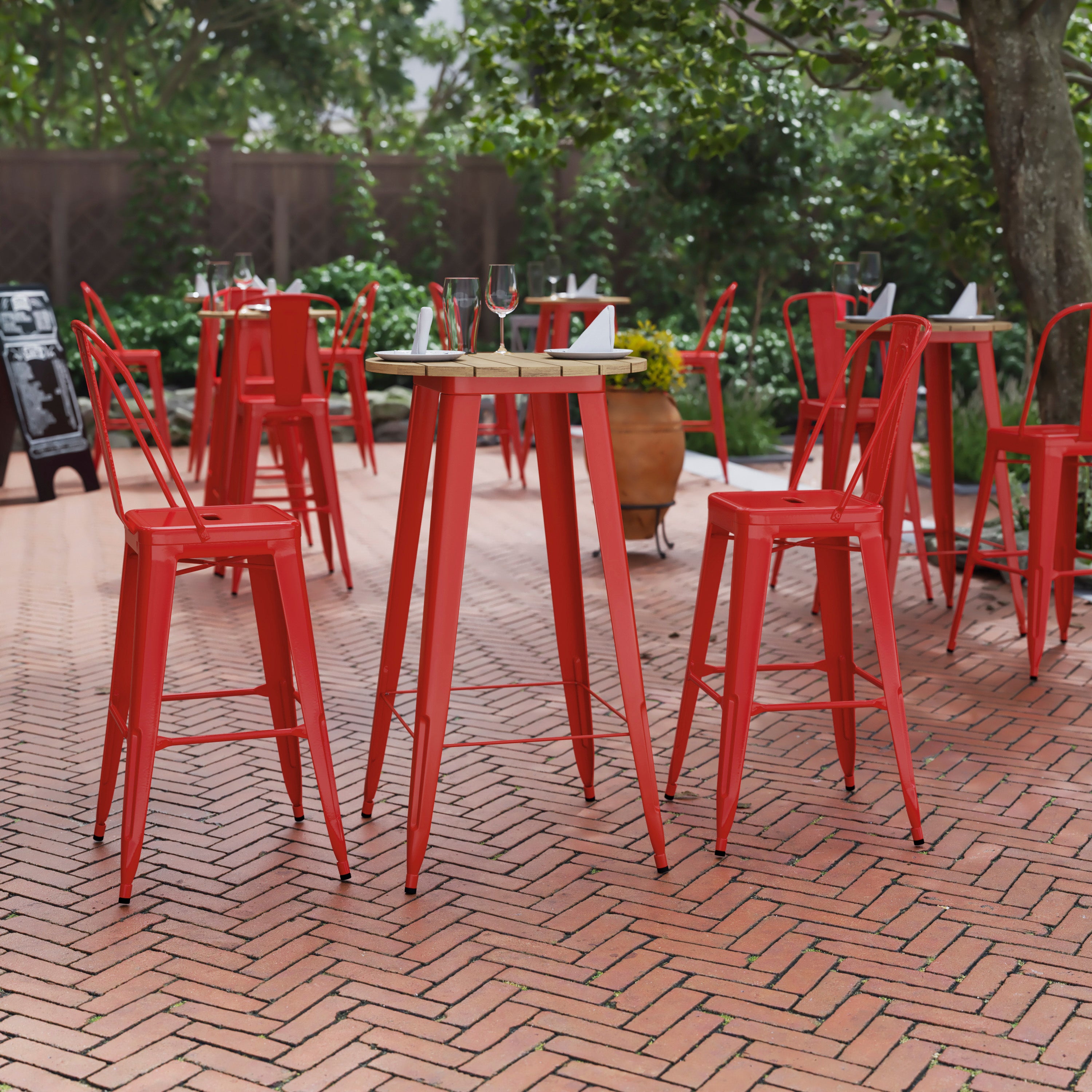 Declan Commercial Indoor/Outdoor Bar Top Table, 23.75" Round All Weather Brown Poly Resin Top with Red Steel base