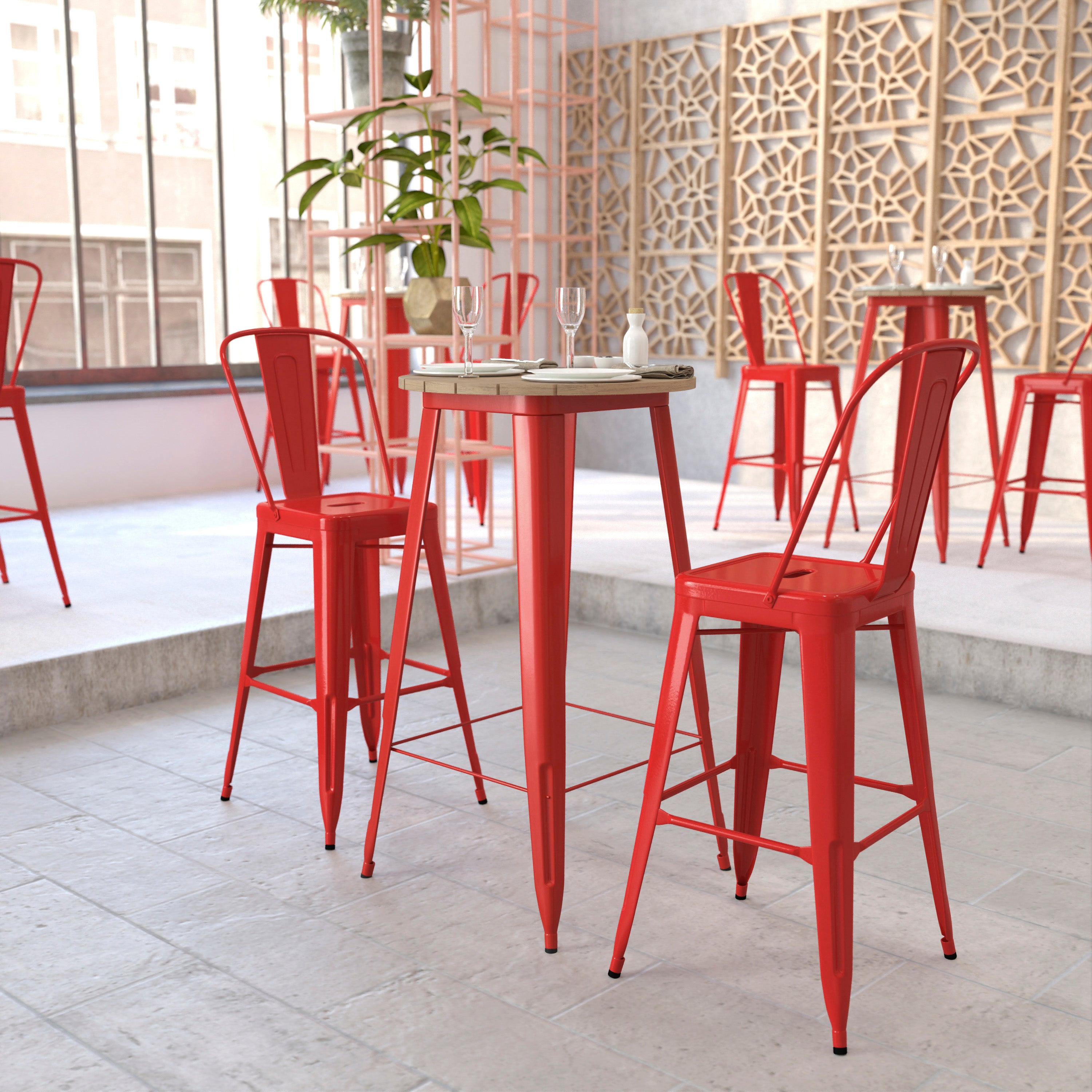 Declan Commercial Indoor/Outdoor Bar Top Table, 23.75" Round All Weather Brown Poly Resin Top with Red Steel base