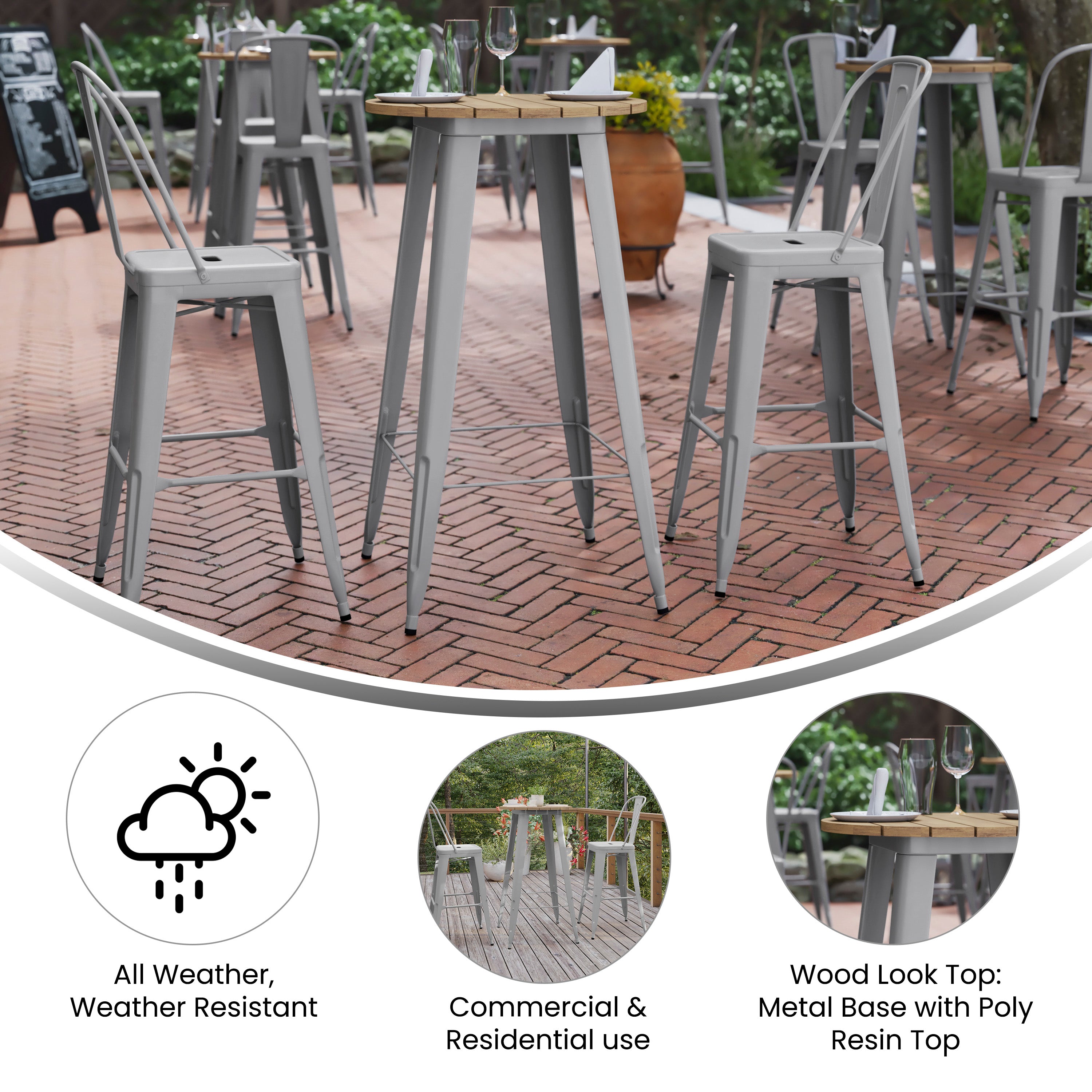 Declan Commercial Indoor/Outdoor Bar Top Table, 23.75" Round All Weather Brown Poly Resin Top with Silver Steel base