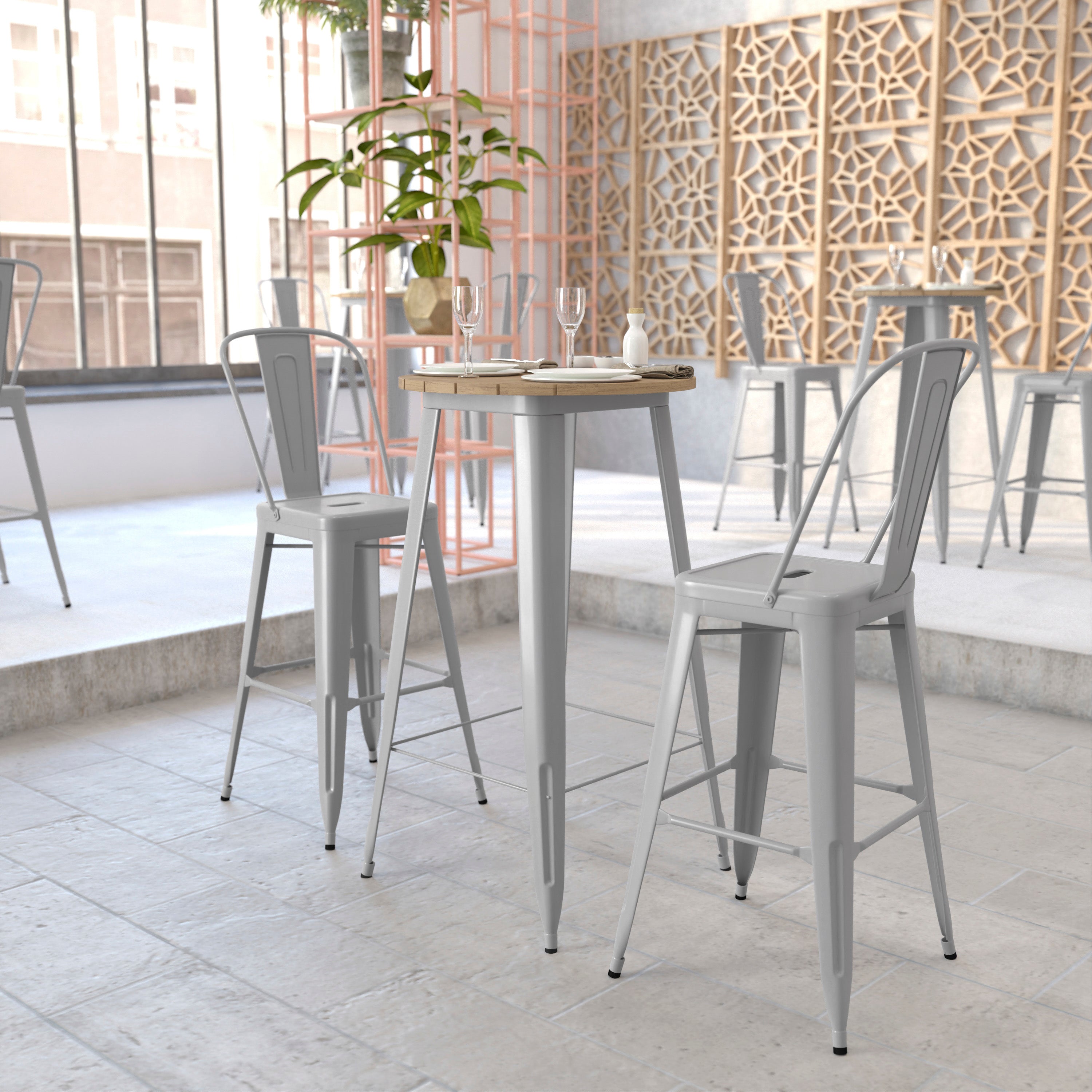 Declan Commercial Indoor/Outdoor Bar Top Table, 23.75" Round All Weather Brown Poly Resin Top with Silver Steel base