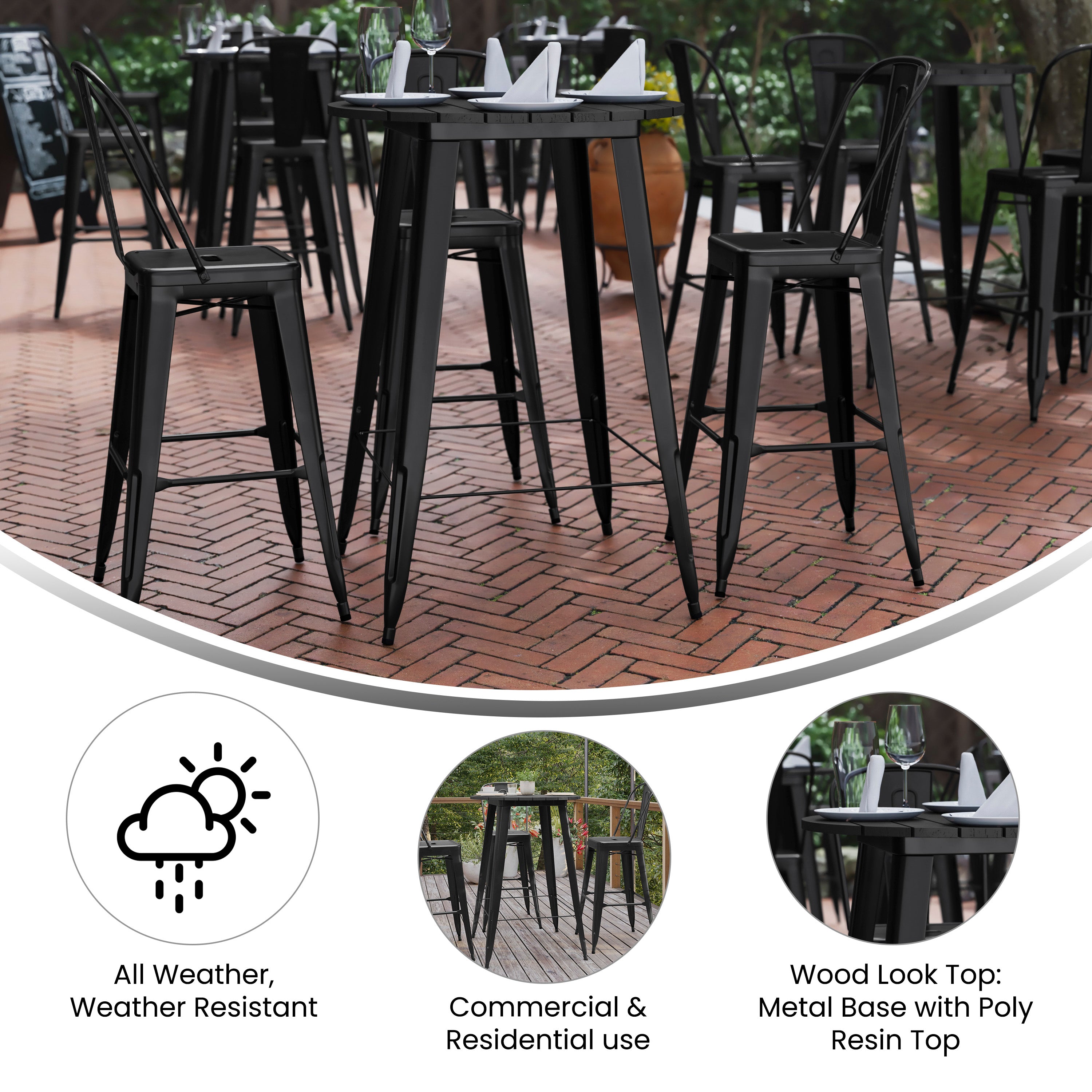 Declan Commercial Indoor/Outdoor Bar Top Table, 30" Round All Weather Black Poly Resin Top with Black Steel base
