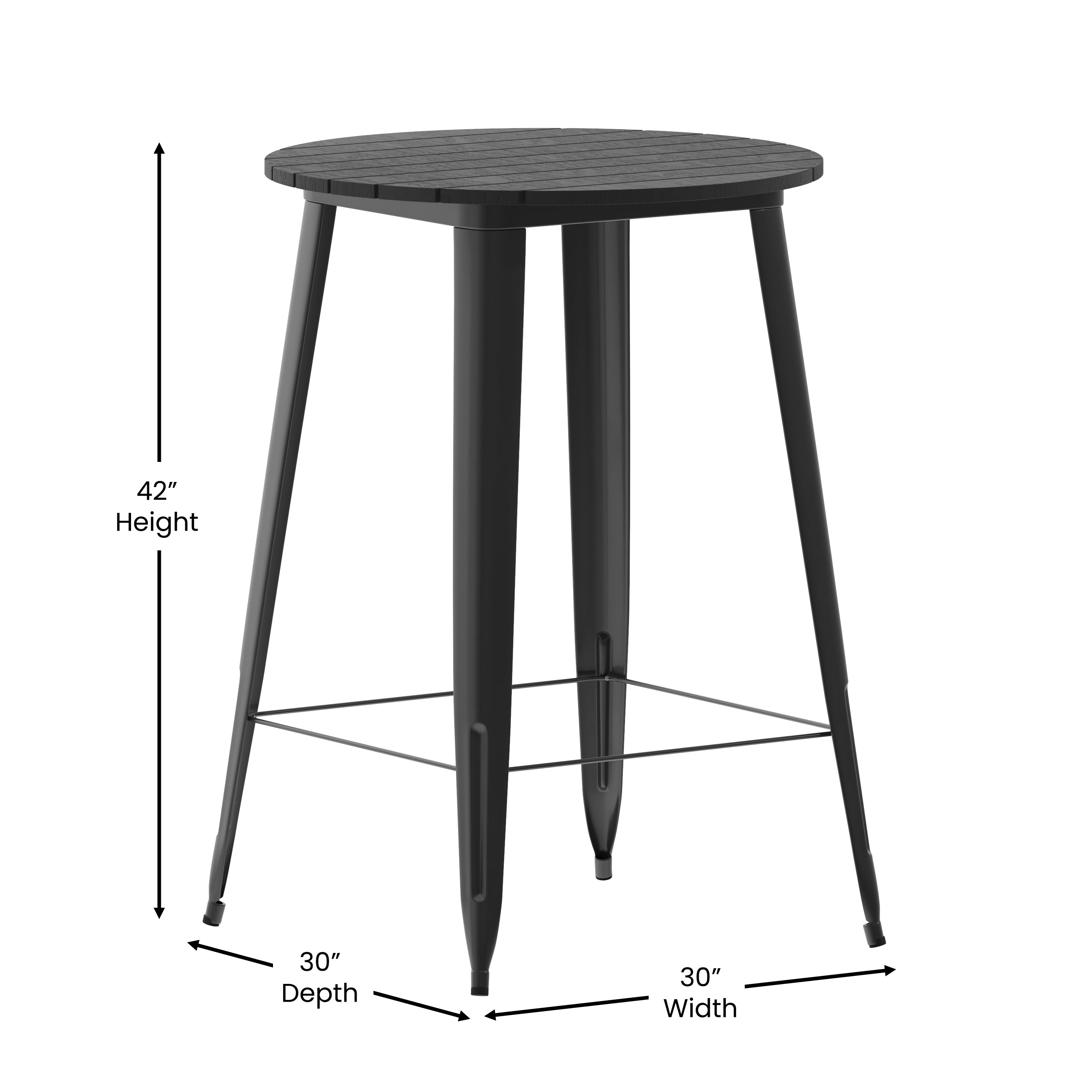Declan Commercial Indoor/Outdoor Bar Top Table, 30" Round All Weather Black Poly Resin Top with Black Steel base