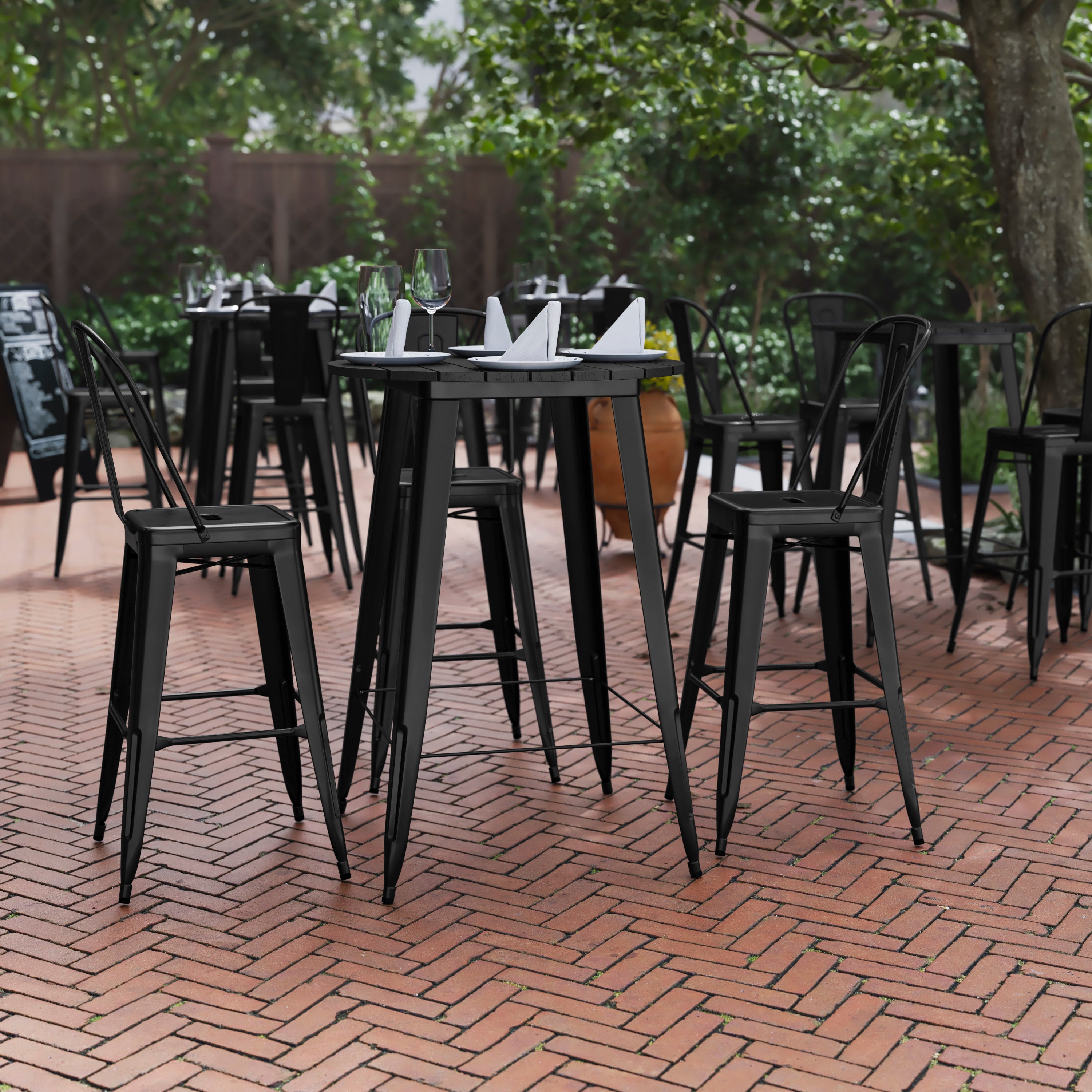 Declan Commercial Indoor/Outdoor Bar Top Table, 30" Round All Weather Black Poly Resin Top with Black Steel base