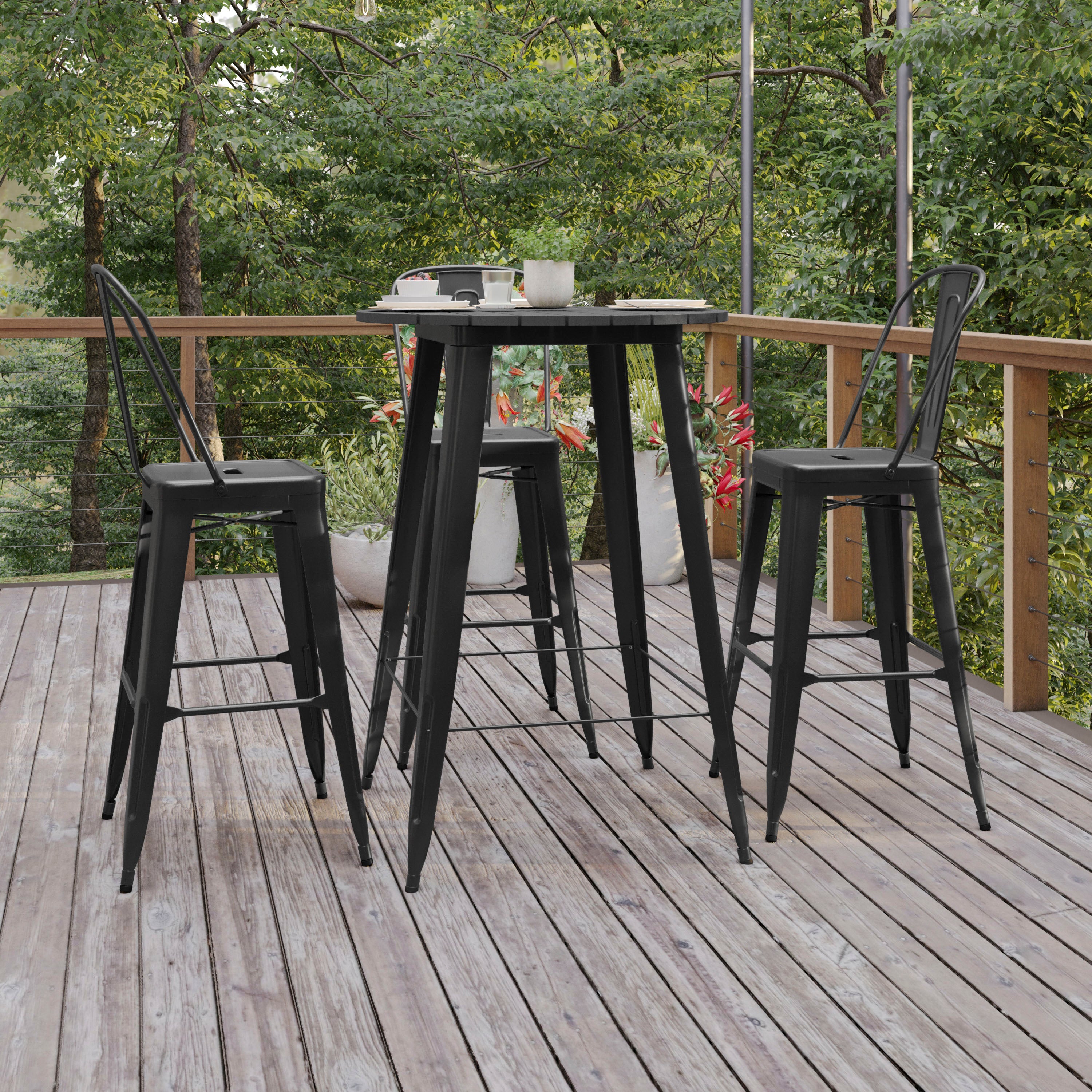 Declan Commercial Indoor/Outdoor Bar Top Table, 30" Round All Weather Black Poly Resin Top with Black Steel base