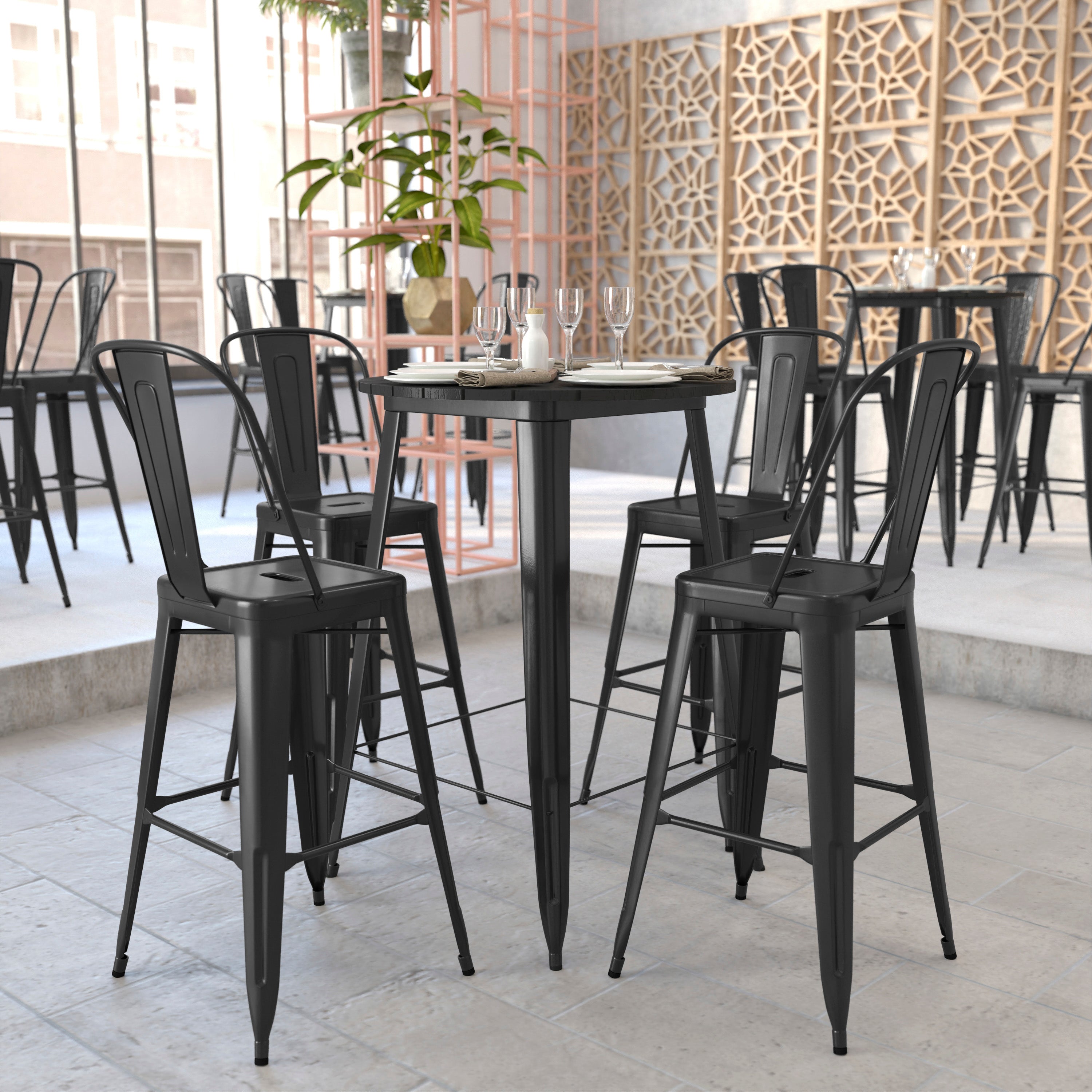 Declan Commercial Indoor/Outdoor Bar Top Table, 30" Round All Weather Black Poly Resin Top with Black Steel base