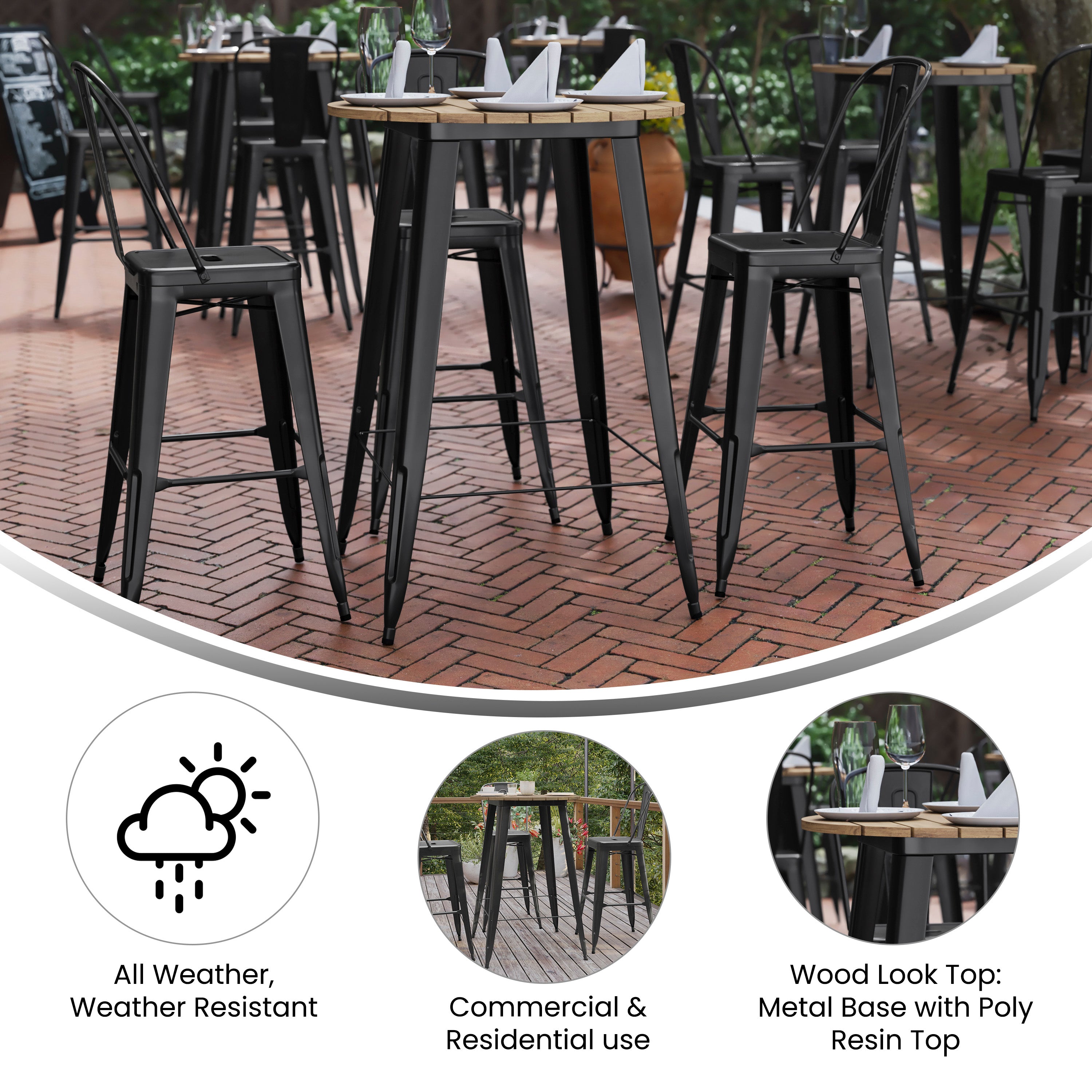Declan Commercial Indoor/Outdoor Bar Top Table, 30" Round All Weather Brown Poly Resin Top with Black Steel base