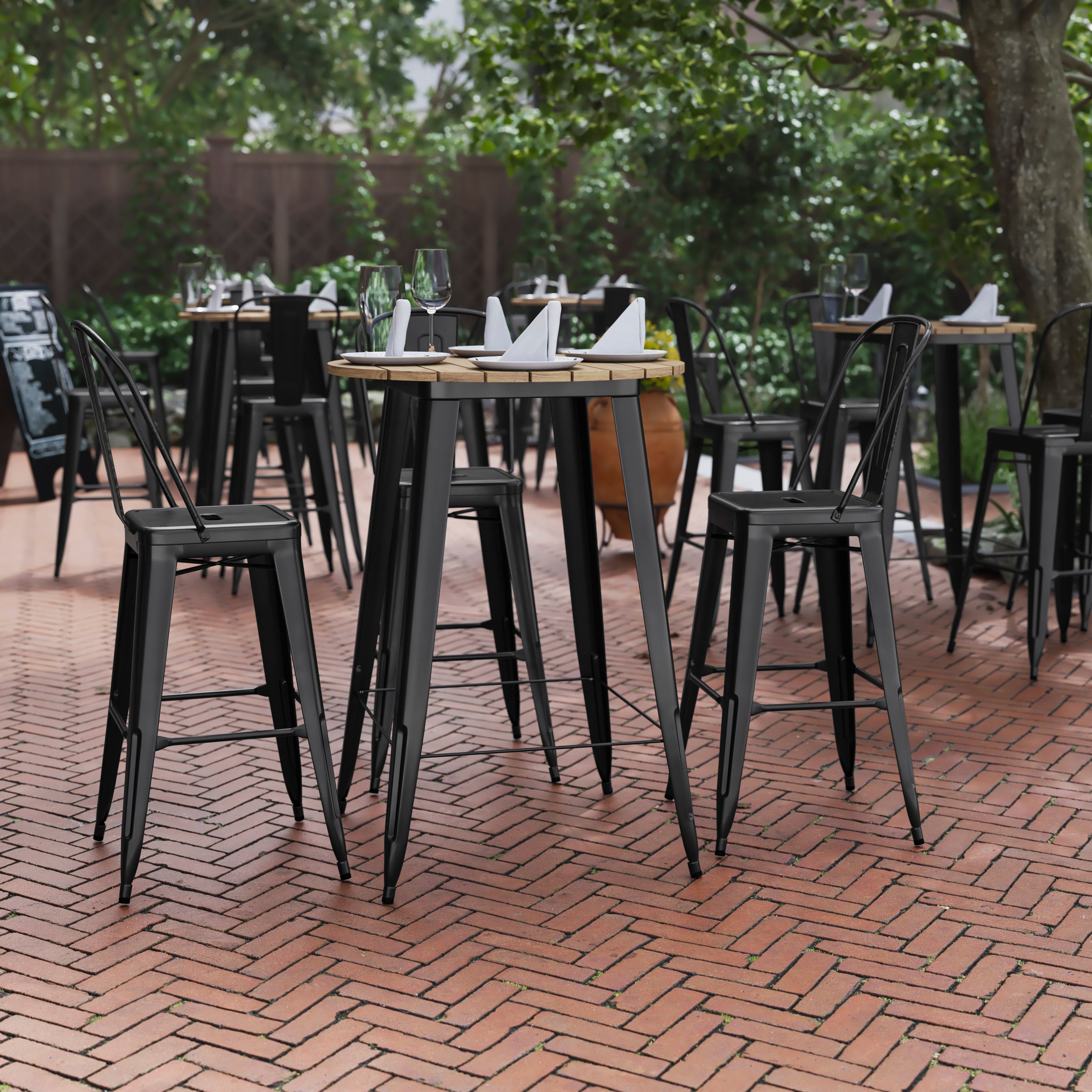 Declan Commercial Indoor/Outdoor Bar Top Table, 30" Round All Weather Brown Poly Resin Top with Black Steel base