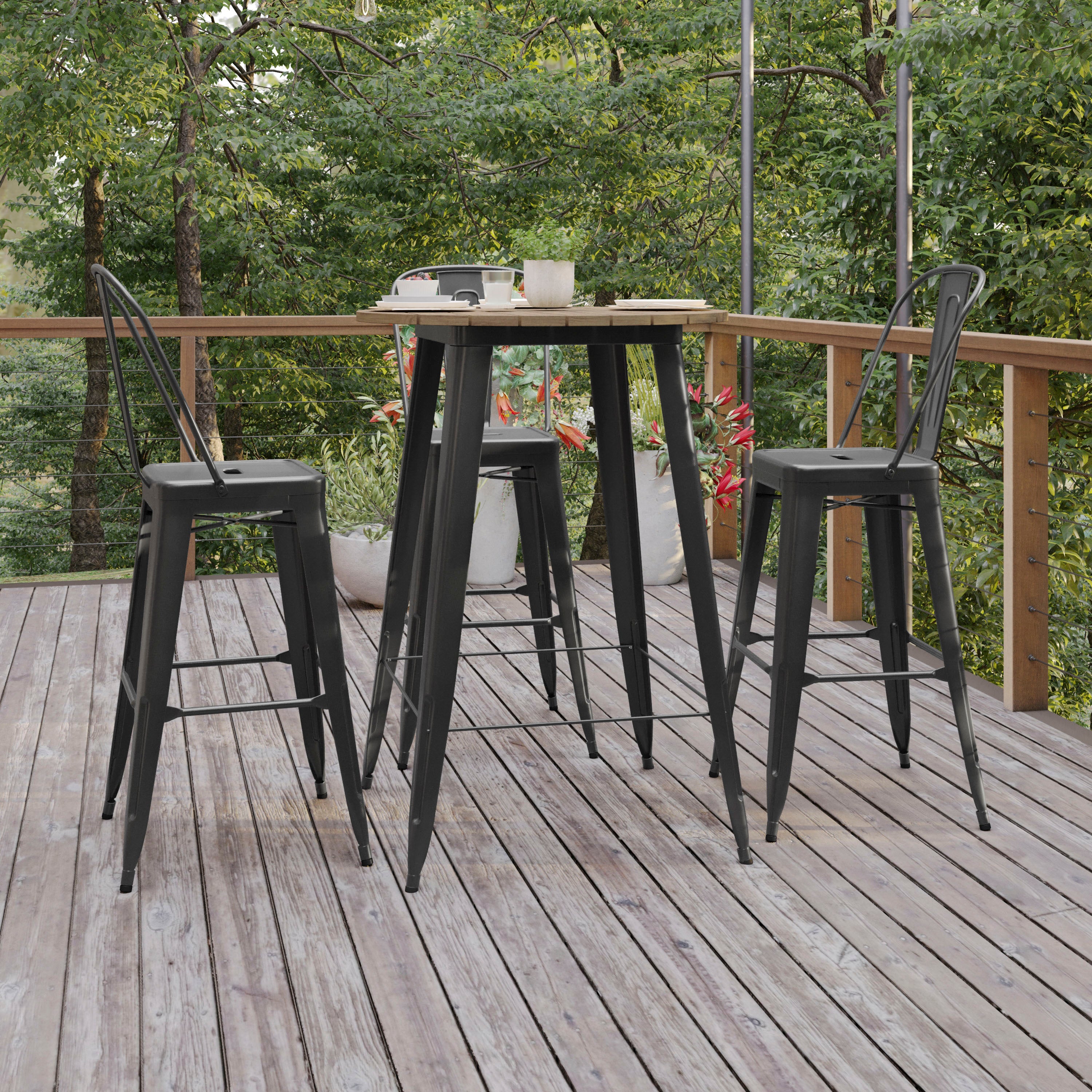 Declan Commercial Indoor/Outdoor Bar Top Table, 30" Round All Weather Brown Poly Resin Top with Black Steel base