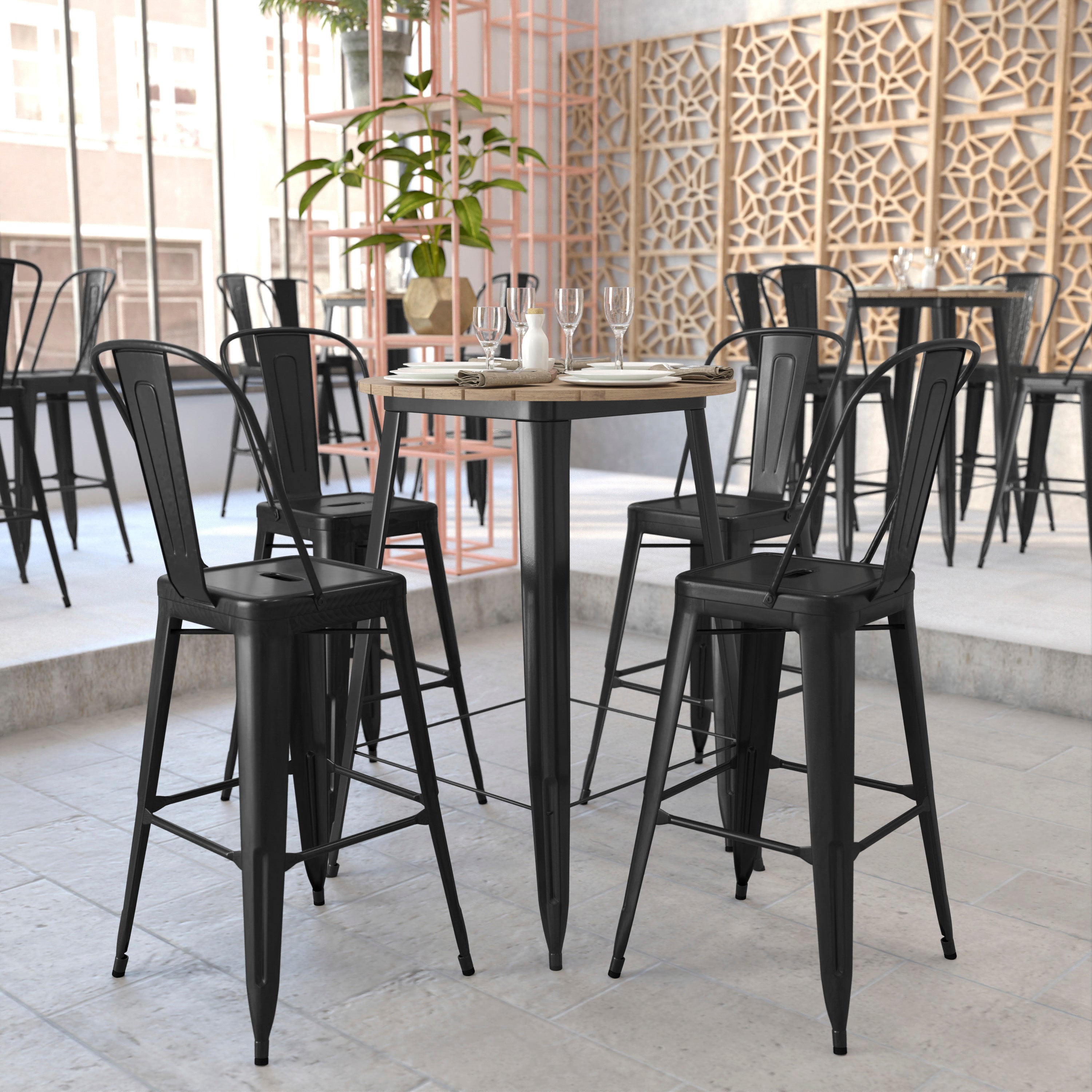 Declan Commercial Indoor/Outdoor Bar Top Table, 30" Round All Weather Brown Poly Resin Top with Black Steel base