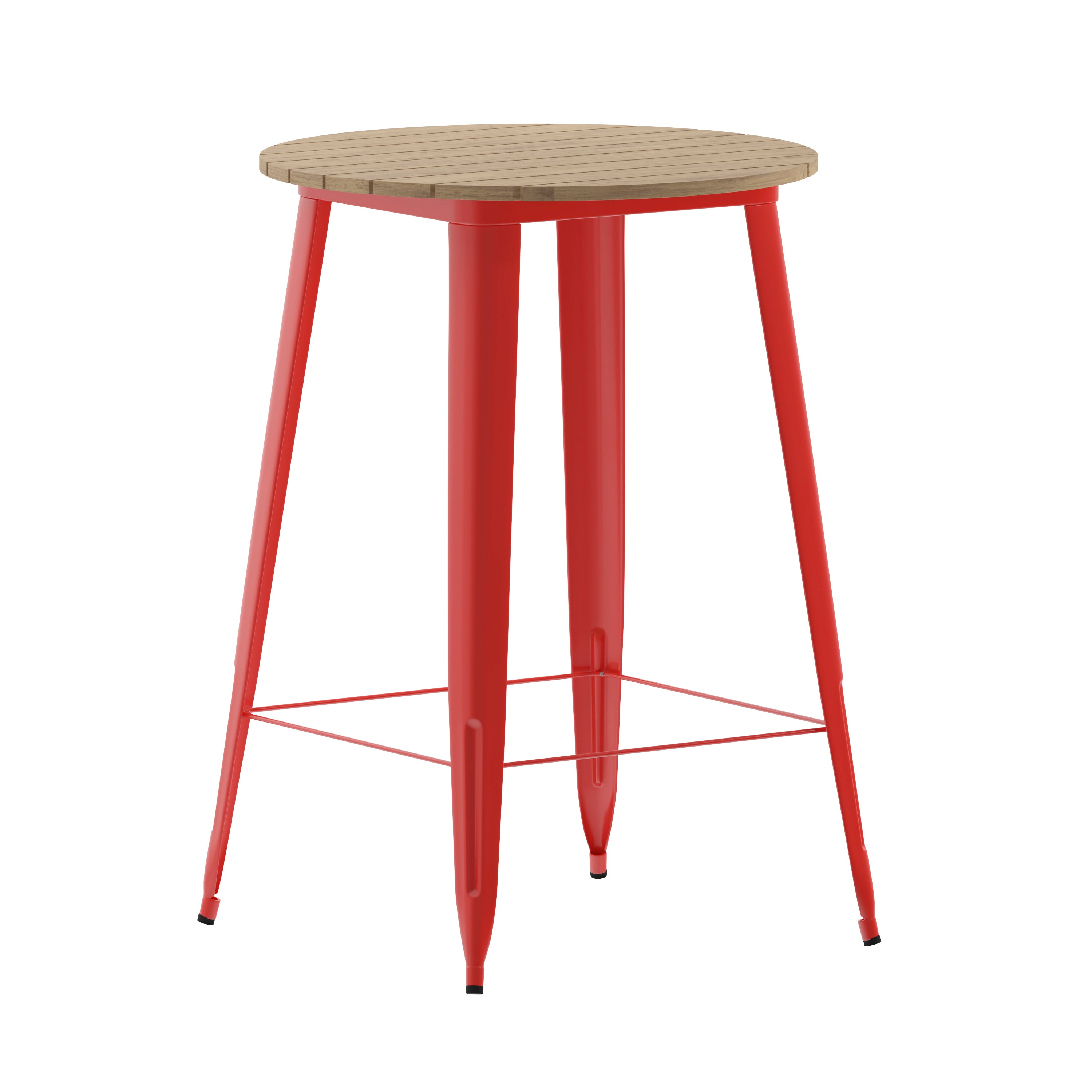 Declan Commercial Indoor/Outdoor Bar Top Table, 30" Round All Weather Brown Poly Resin Top with Red Steel base