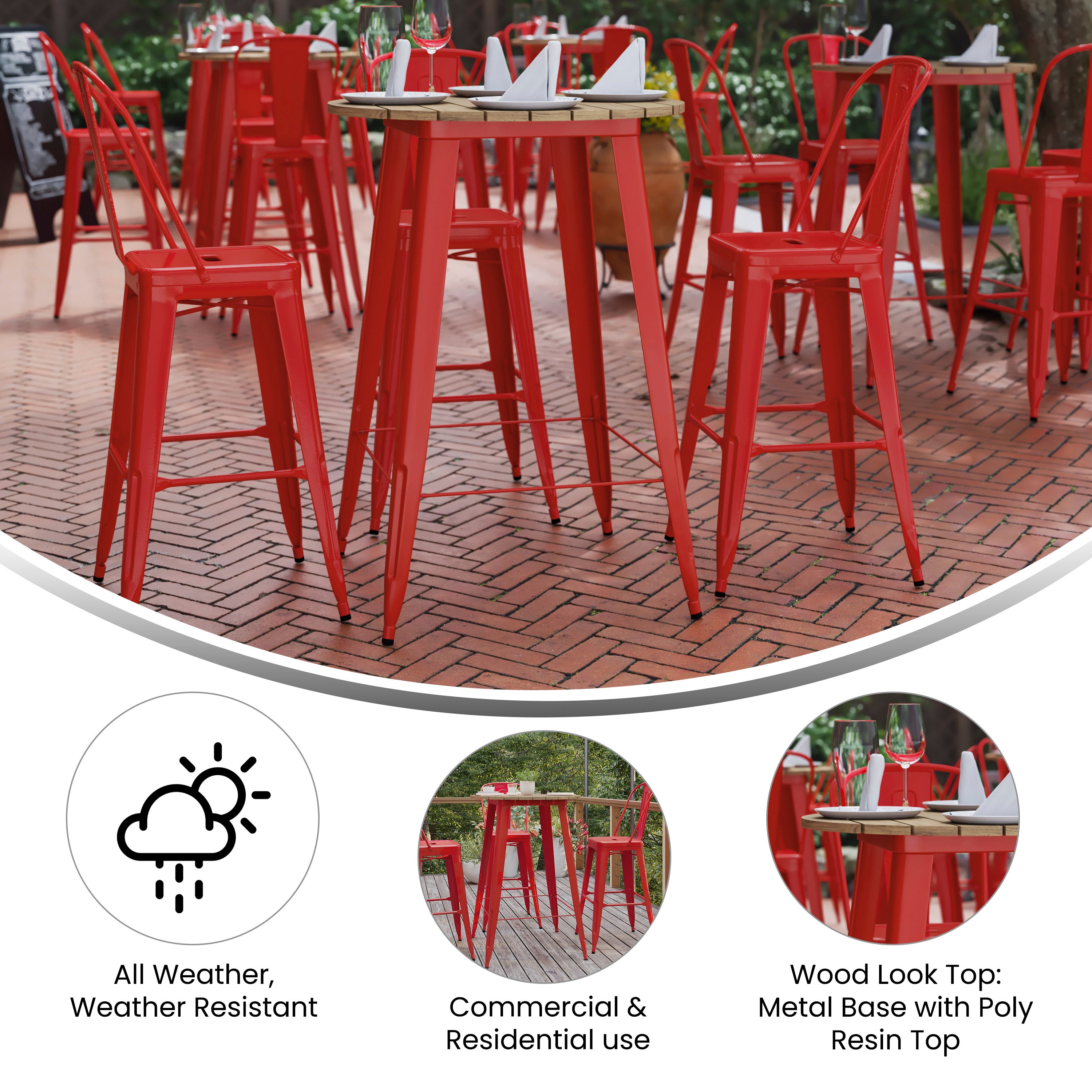 Declan Commercial Indoor/Outdoor Bar Top Table, 30" Round All Weather Brown Poly Resin Top with Red Steel base