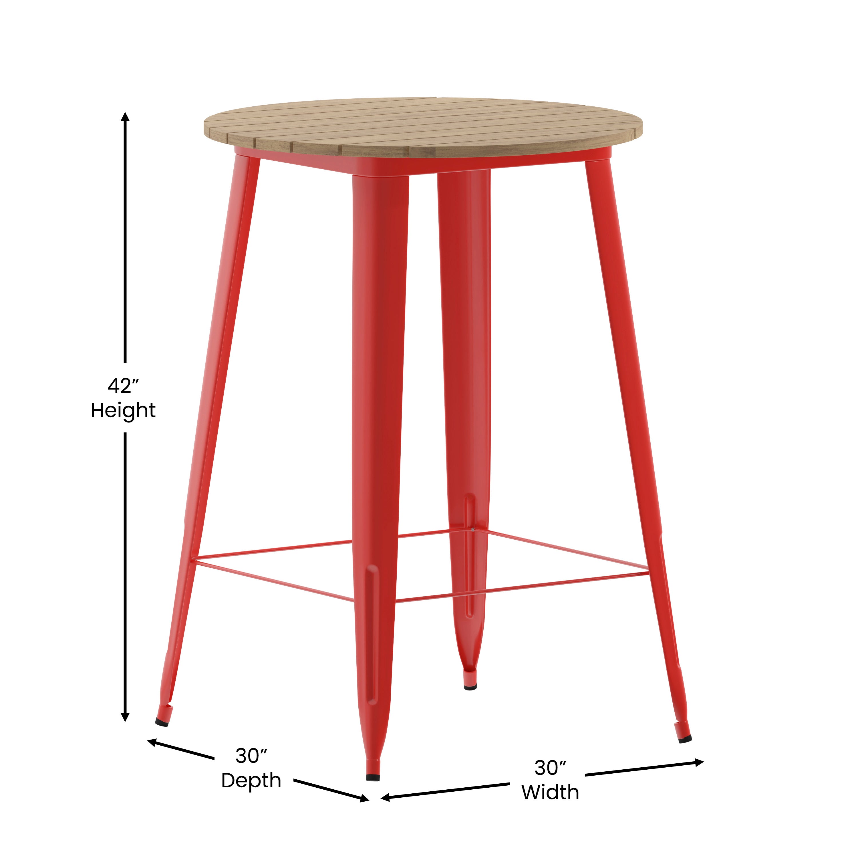Declan Commercial Indoor/Outdoor Bar Top Table, 30" Round All Weather Brown Poly Resin Top with Red Steel base