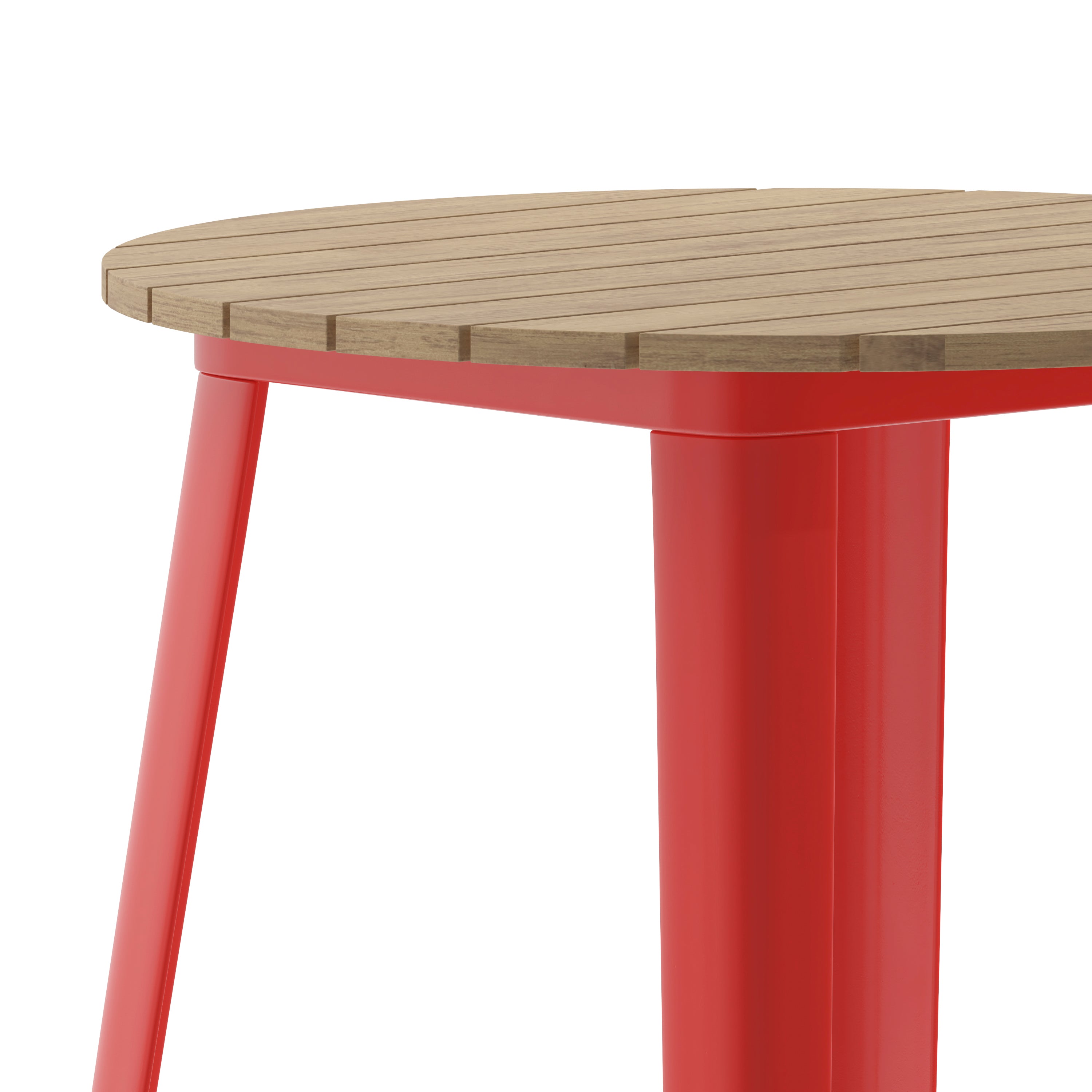 Declan Commercial Indoor/Outdoor Bar Top Table, 30" Round All Weather Brown Poly Resin Top with Red Steel base