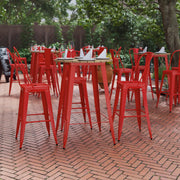 Declan Commercial Indoor/Outdoor Bar Top Table, 30" Round All Weather Brown Poly Resin Top with Red Steel base