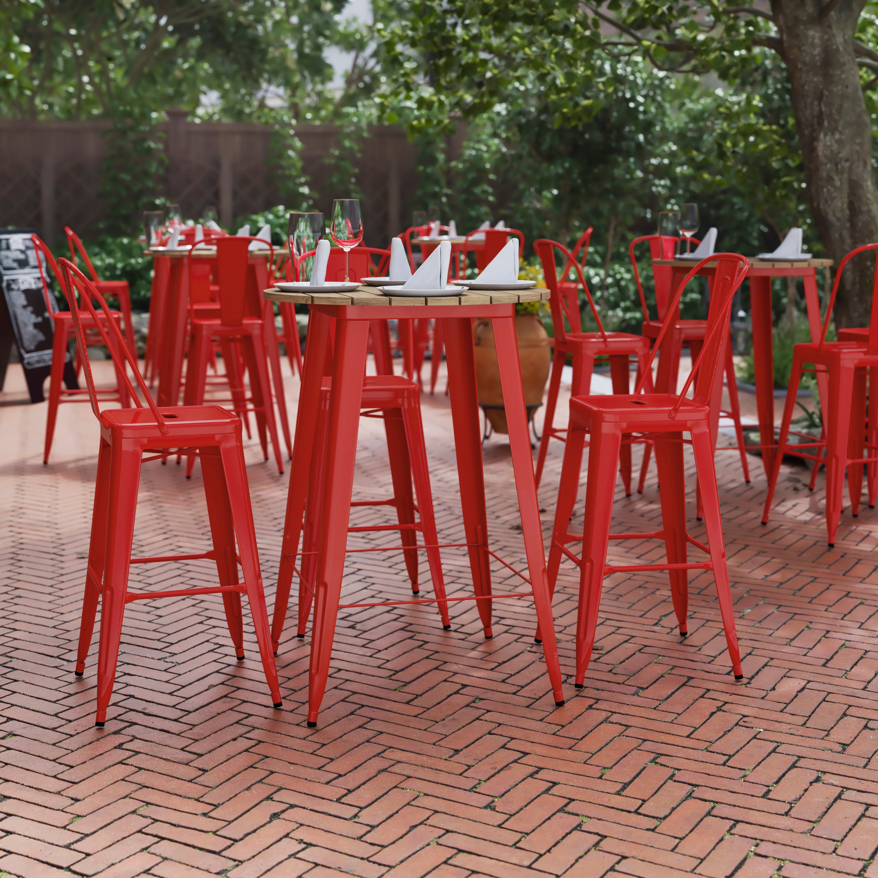 Declan Commercial Indoor/Outdoor Bar Top Table, 30" Round All Weather Brown Poly Resin Top with Red Steel base