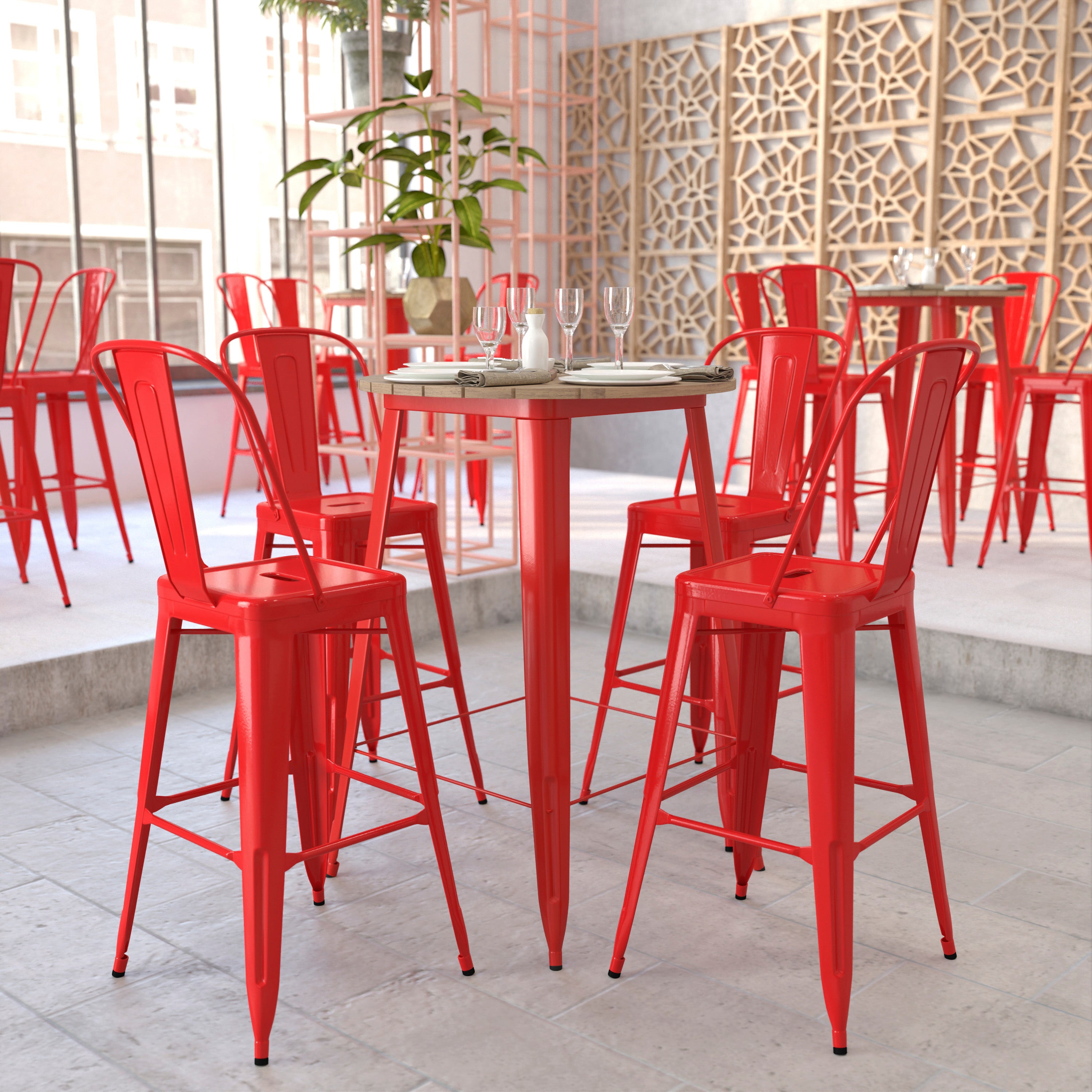 Declan Commercial Indoor/Outdoor Bar Top Table, 30" Round All Weather Brown Poly Resin Top with Red Steel base