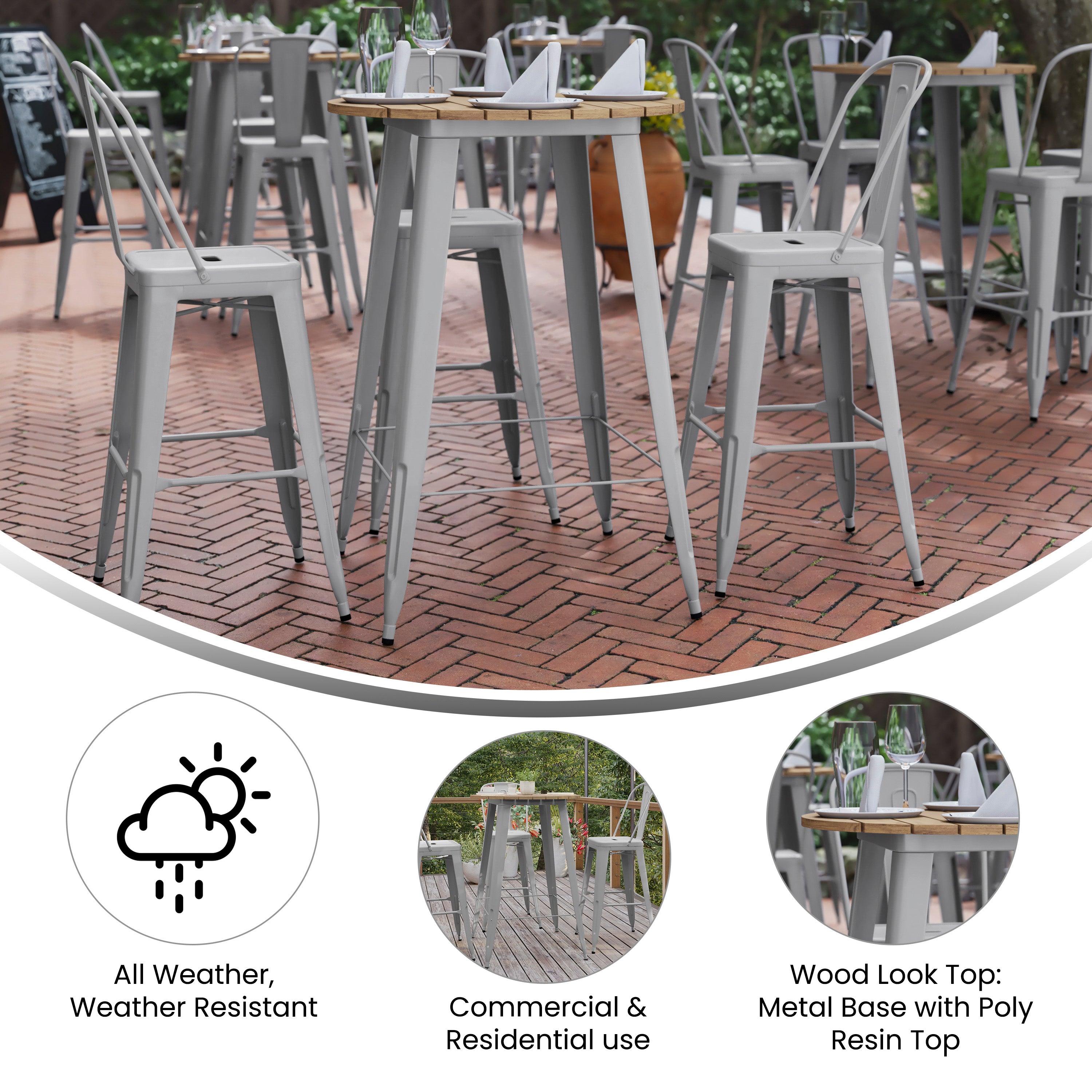 Declan Commercial Indoor/Outdoor Bar Top Table, 30" Round All Weather Brown Poly Resin Top with Silver Steel base