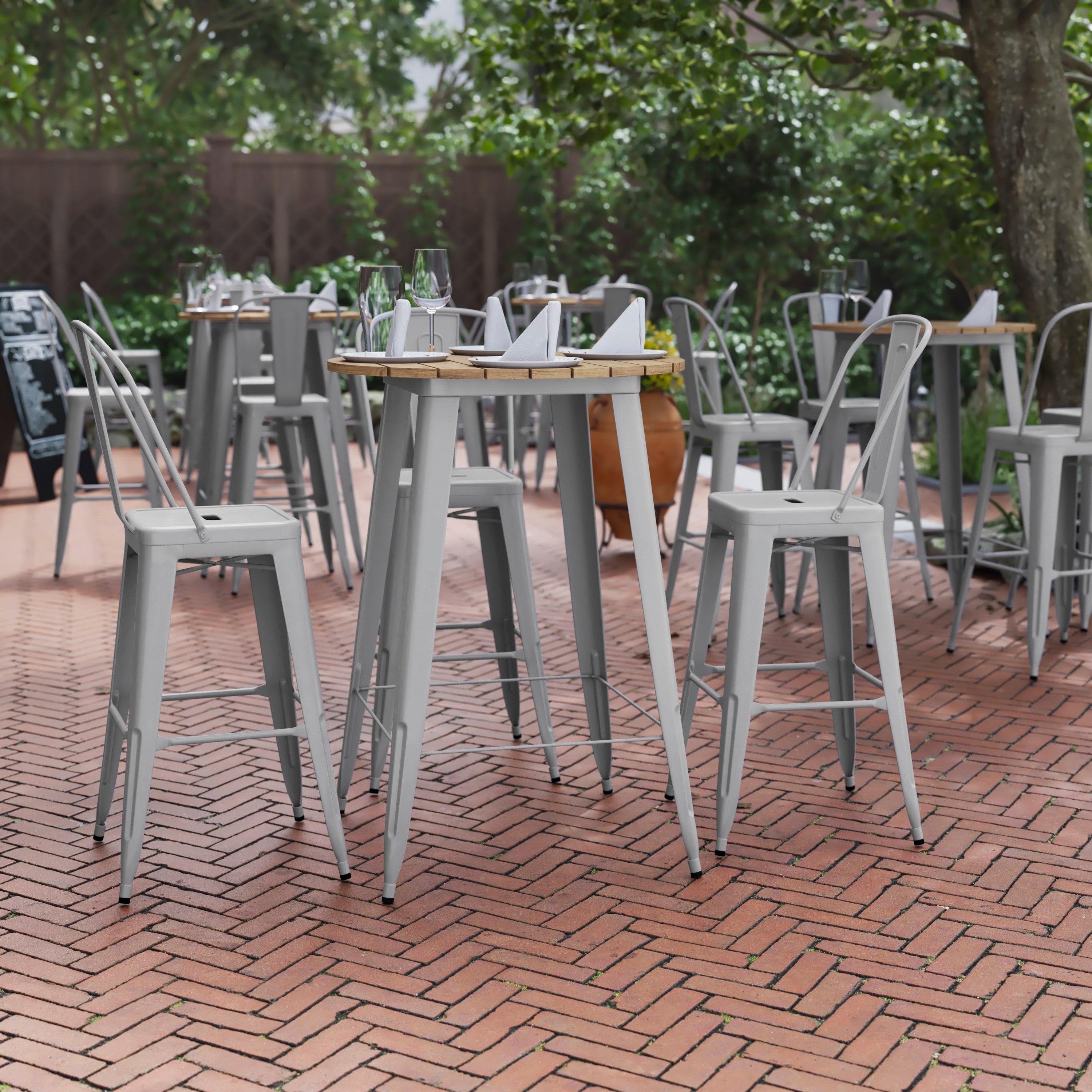 Declan Commercial Indoor/Outdoor Bar Top Table, 30" Round All Weather Brown Poly Resin Top with Silver Steel base