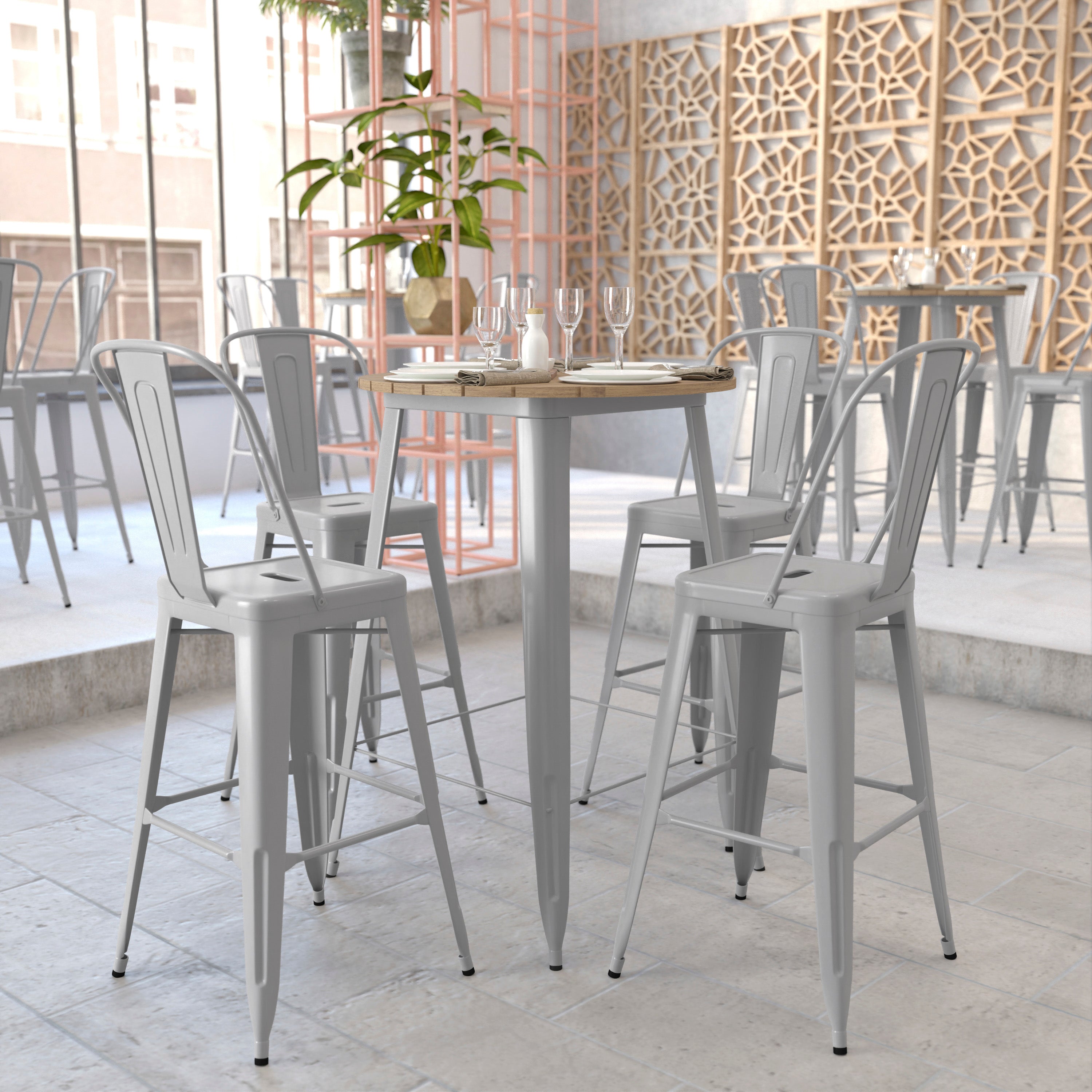 Declan Commercial Indoor/Outdoor Bar Top Table, 30" Round All Weather Brown Poly Resin Top with Silver Steel base