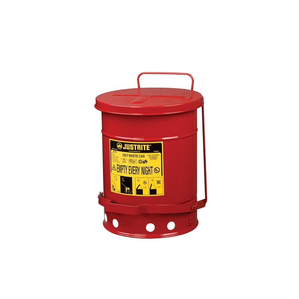 Justrite Oily Waste Can, 6 gallon, foot-operated self-closing cover, Red.