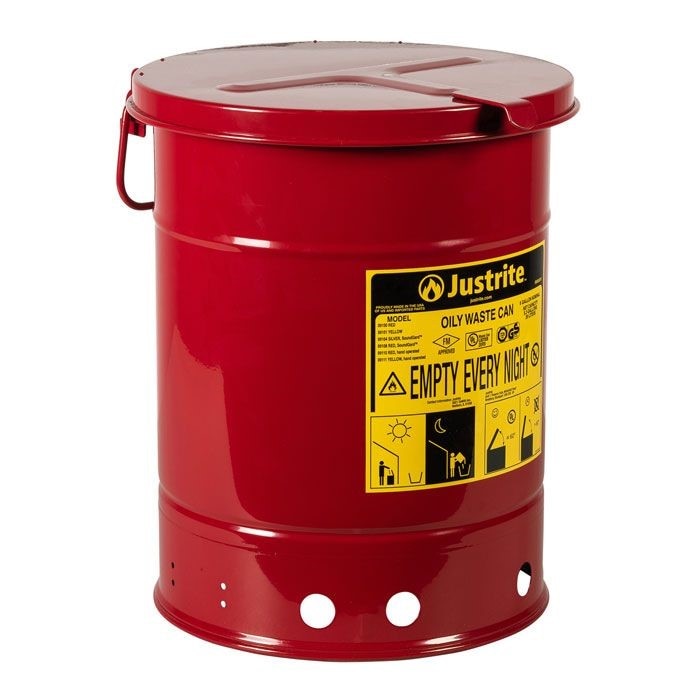 Justrite Oily Waste Can, 6 gallon, hand-operated cover, Red.