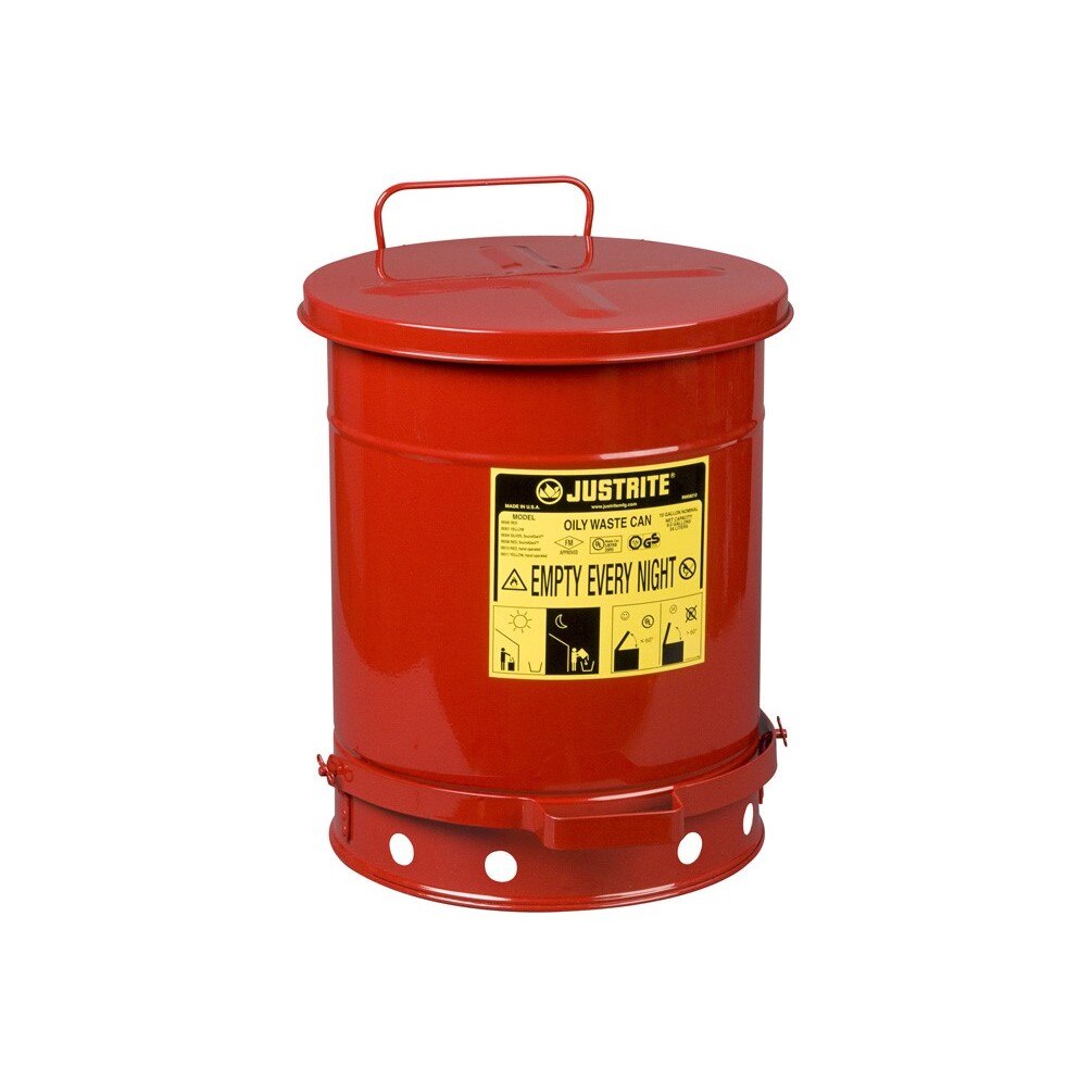 Justrite Oily Waste Can, 10 gallon, foot-operated self-closing cover, Red.
