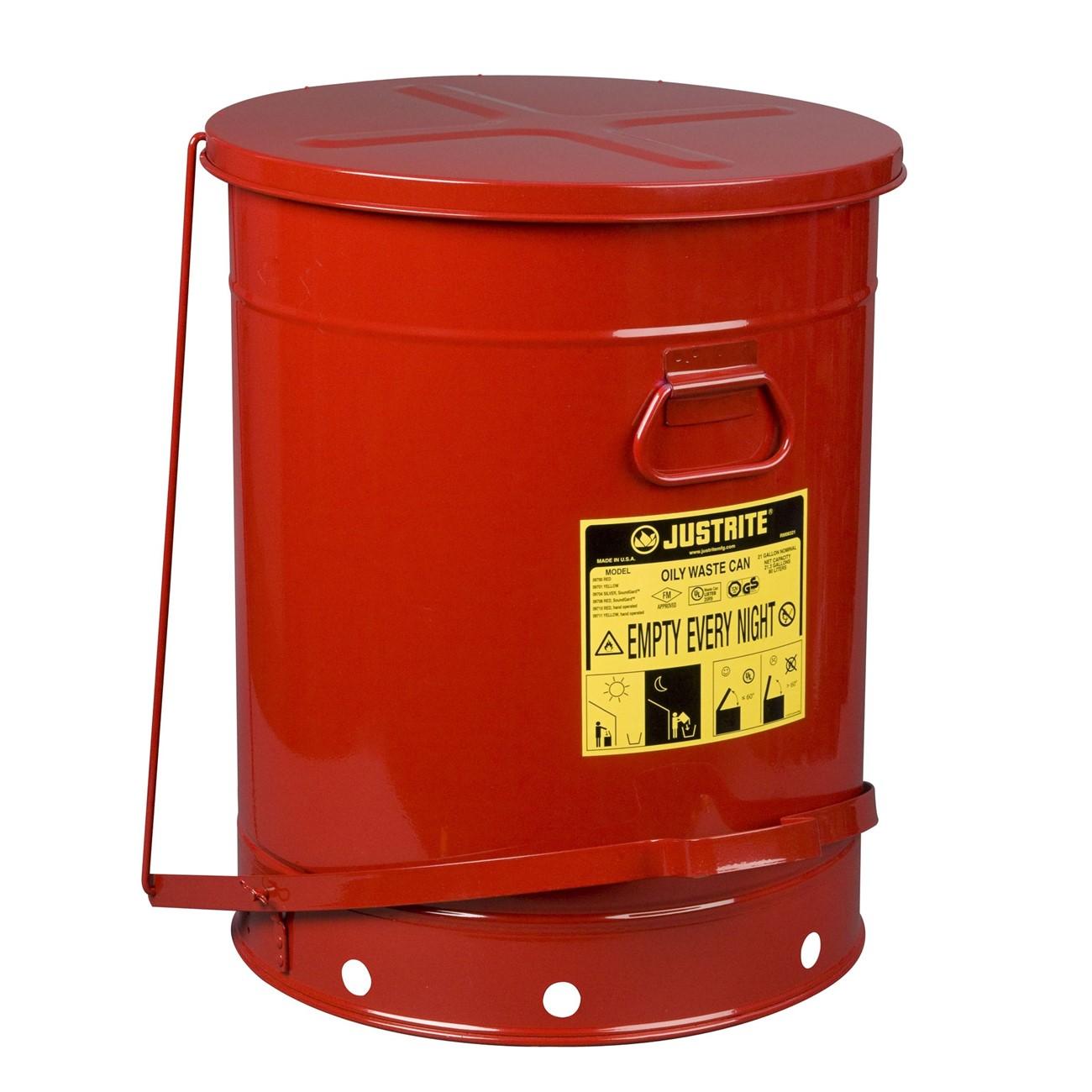 Justrite Oily Waste Can, 21 gallon, foot-operated self-closing cover, Red.