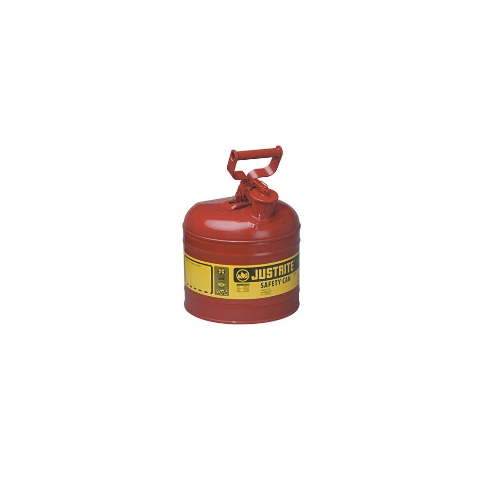 Justrite Type I Steel Safety Can for flammables, 2 gallon, S/S flame arrester, self-close lid, Red.