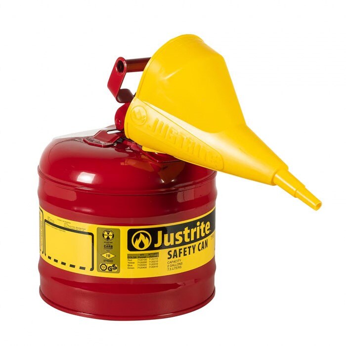 Justrite Type I Steel Safety Can for flammables, Funnel 11202Y, 2 gallon, S/S flame arrester, s/c lid, Red.