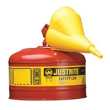 Justrite Type I Steel Safety Can for flammables, Funnel 11202Y, 2.5 gallon, S/S flame arrester, s/c lid, Red.