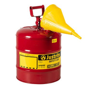Justrite Type I Steel Safety Can for flammables, Funnel 11202Y, 5 gallon, S/S flame arrester, s/c lid, Red.